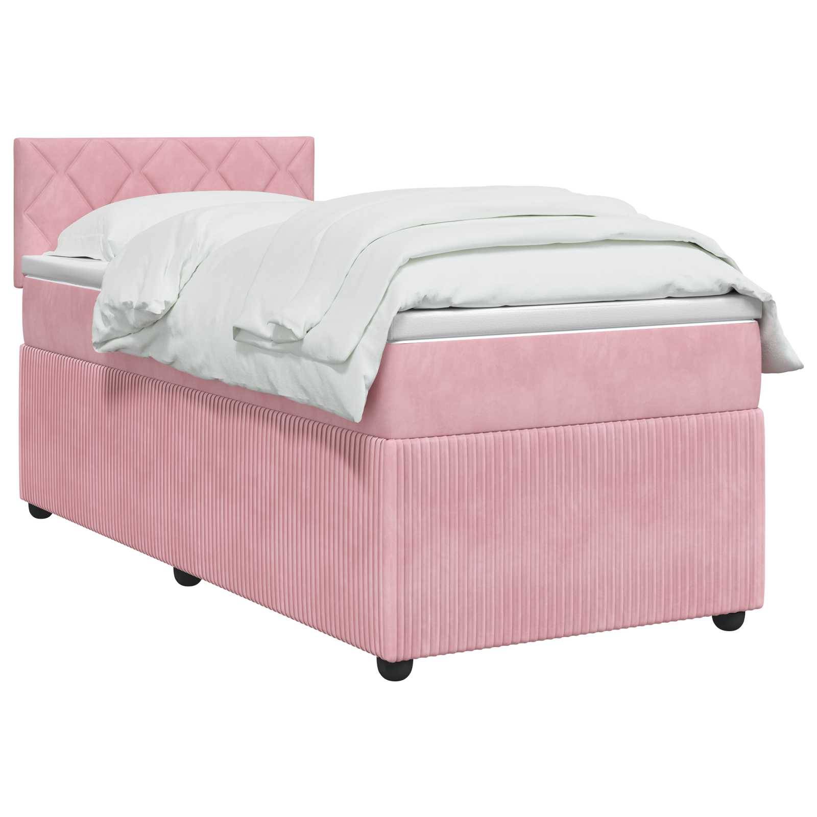 Einzelbett mit rosa Polsterung und gestepptem Kopfteil, abgebildet mit weißer Bettwäsche auf weißem Hintergrund.
