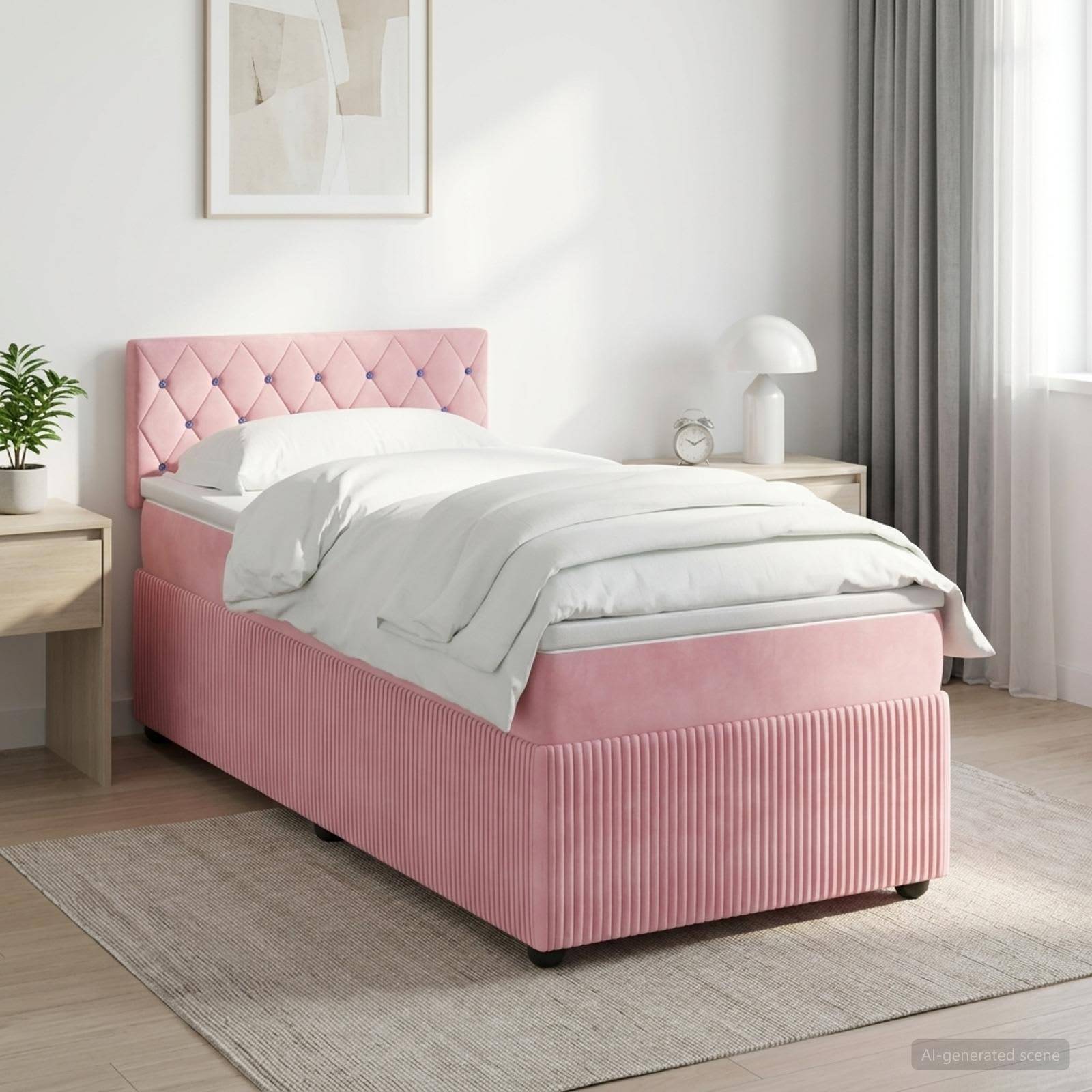 Rosiges gepolstertes Einzelbett mit weißer Bettwäsche in einem hellen, minimalistischen Schlafzimmer mit Nachttischen, Lampe und Fenstervorhängen.