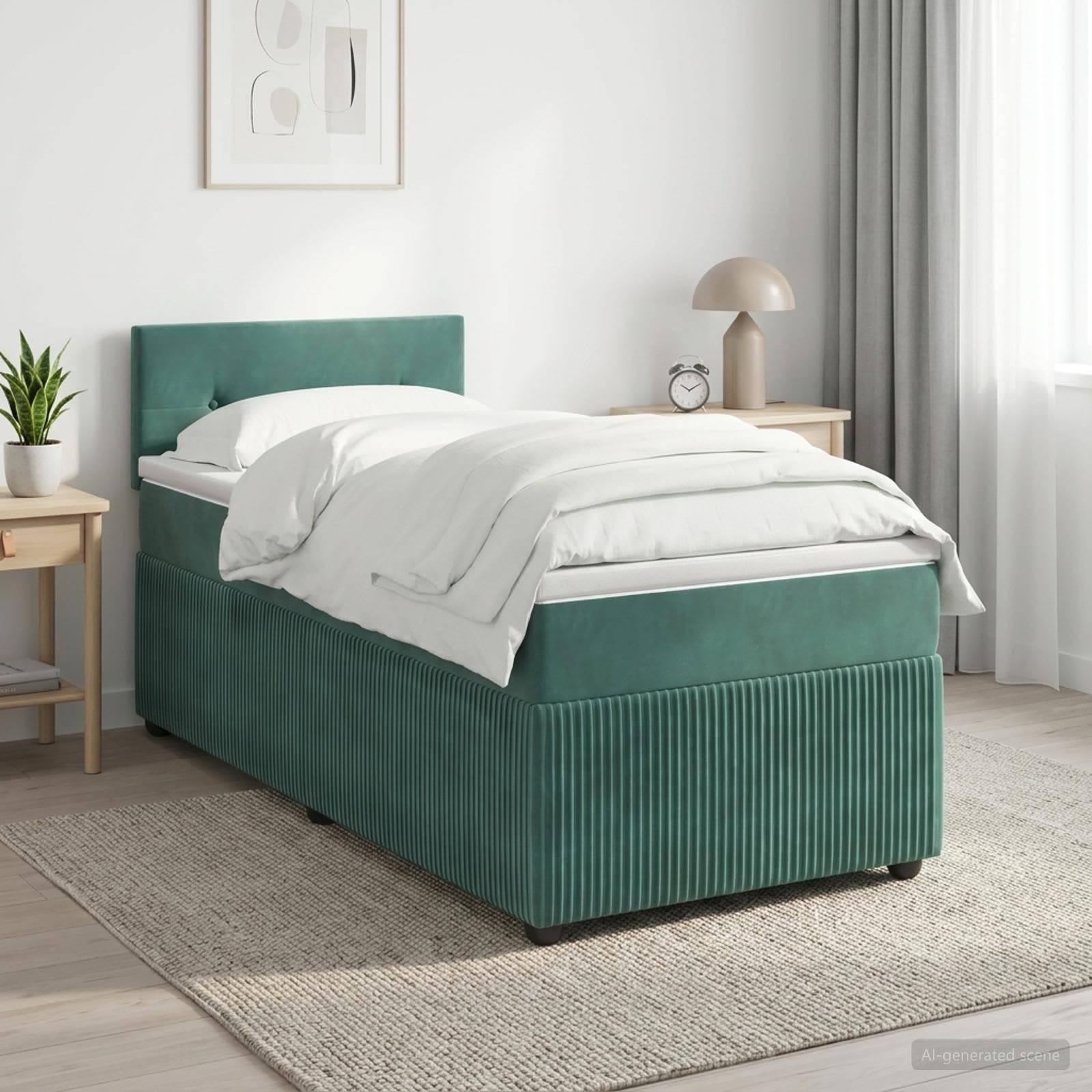 Modernes Schlafzimmer mit einem blaugrün gepolsterten Bett, weißer Bettwäsche, Nachttischen, Lampe, Pflanze und sanftem natürlichen Licht von einem Fenster mit Vorhängen.