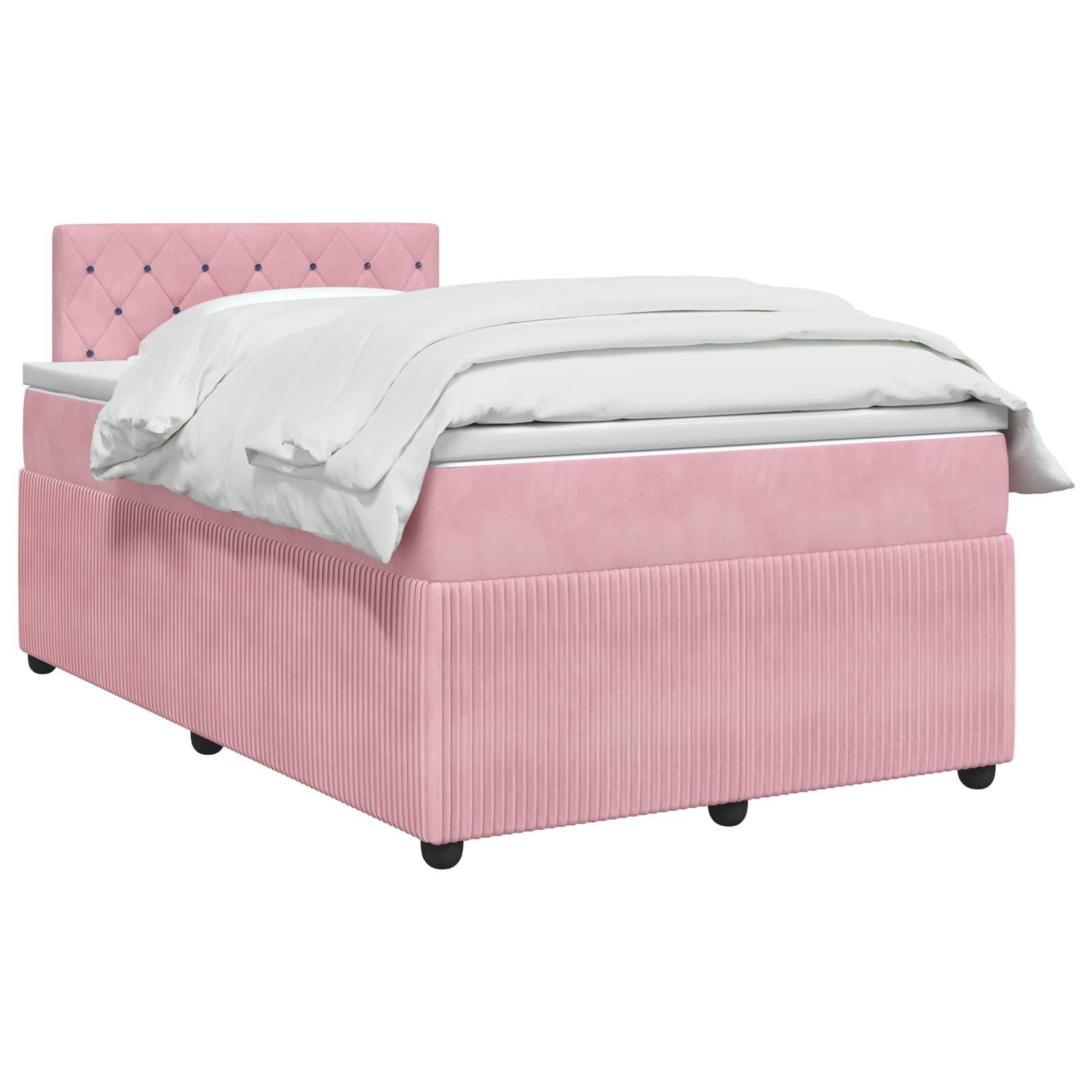 Rosa gepolstertes Einzelbett mit gestepptem Kopfteil und weißer Bettwäsche auf weißem Hintergrund.