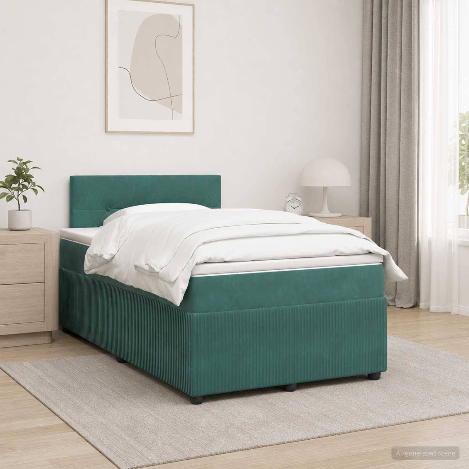 Modernes Schlafzimmer mit einem mit Teal gepolsterten Bett, das mit weißer Bettwäsche bezogen ist, flankiert von hellen Holznachttischen und weicher neutraler Dekoration.