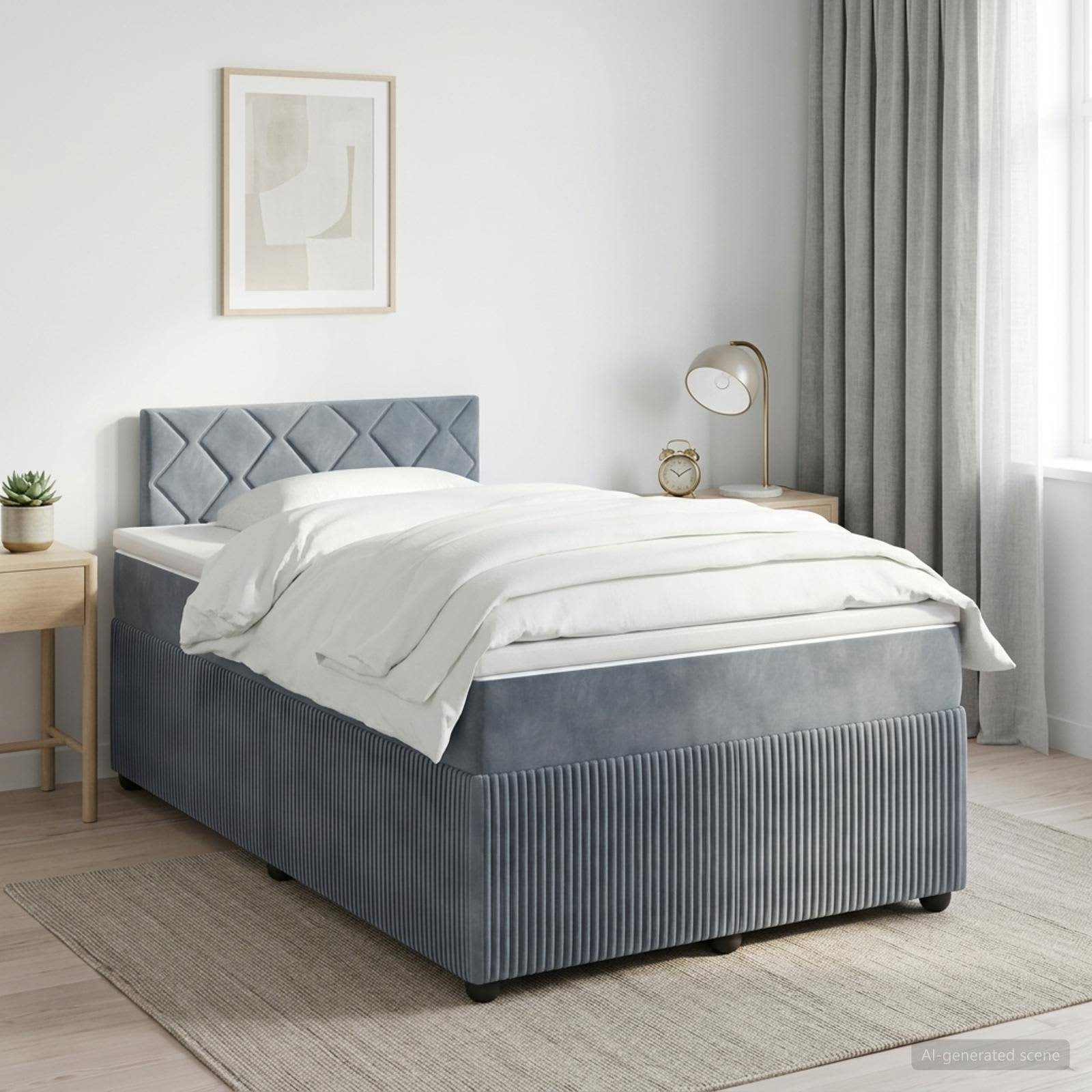 Modernes Schlafzimmer mit einem grau gepolsterten Bett, das mit weißer Bettwäsche bezogen ist, flankiert von einem Nachttisch, einer Lampe, einer Uhr, einer Pflanze und einem Fenster mit grauen Vorhängen.
