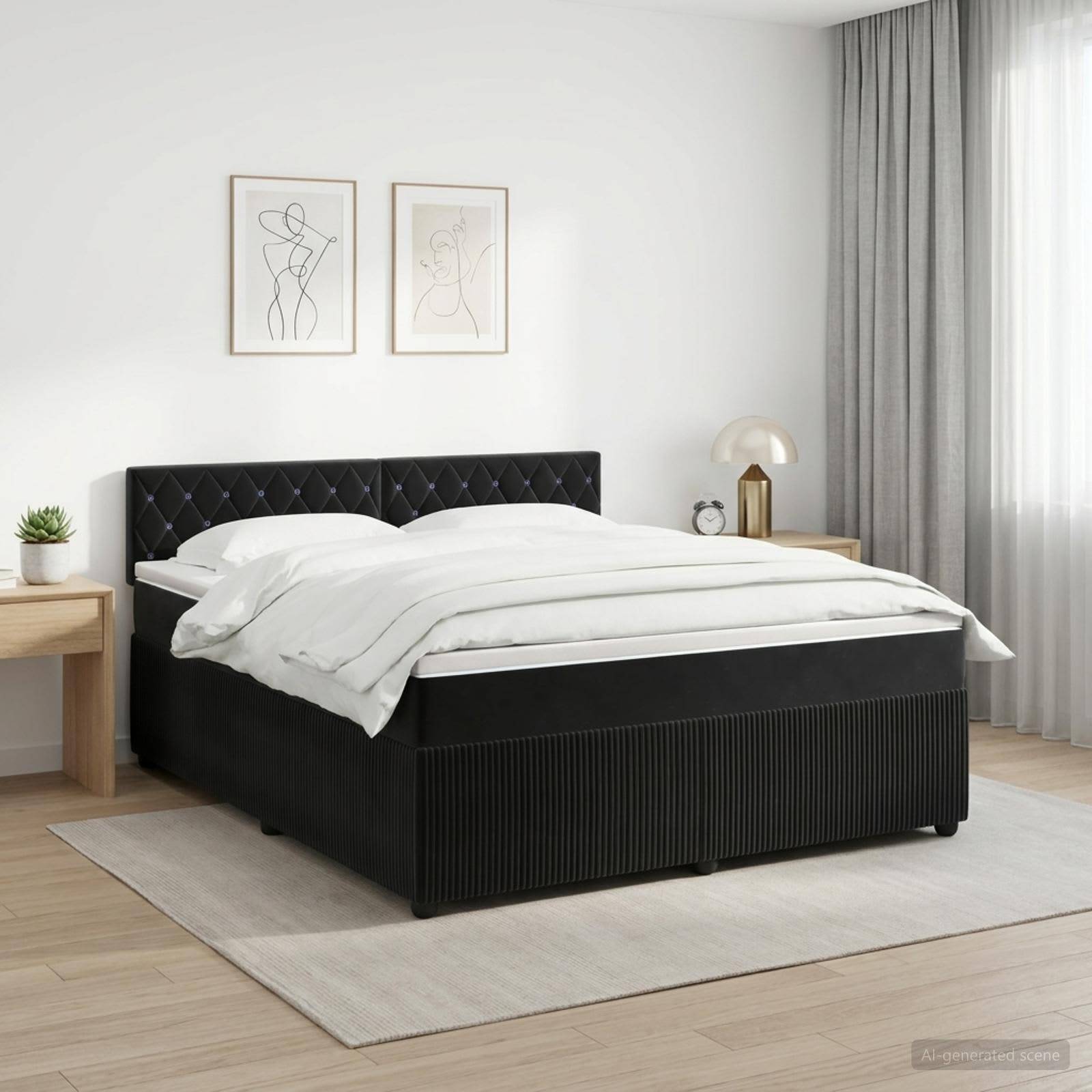 Modernes Schlafzimmer mit einem schwarzen gepolsterten Bett, bezogen mit weißer Bettwäsche, flankiert von kleinen hölzernen Nachttischen, gerahmten Wandbildern und grauen Vorhängen.
