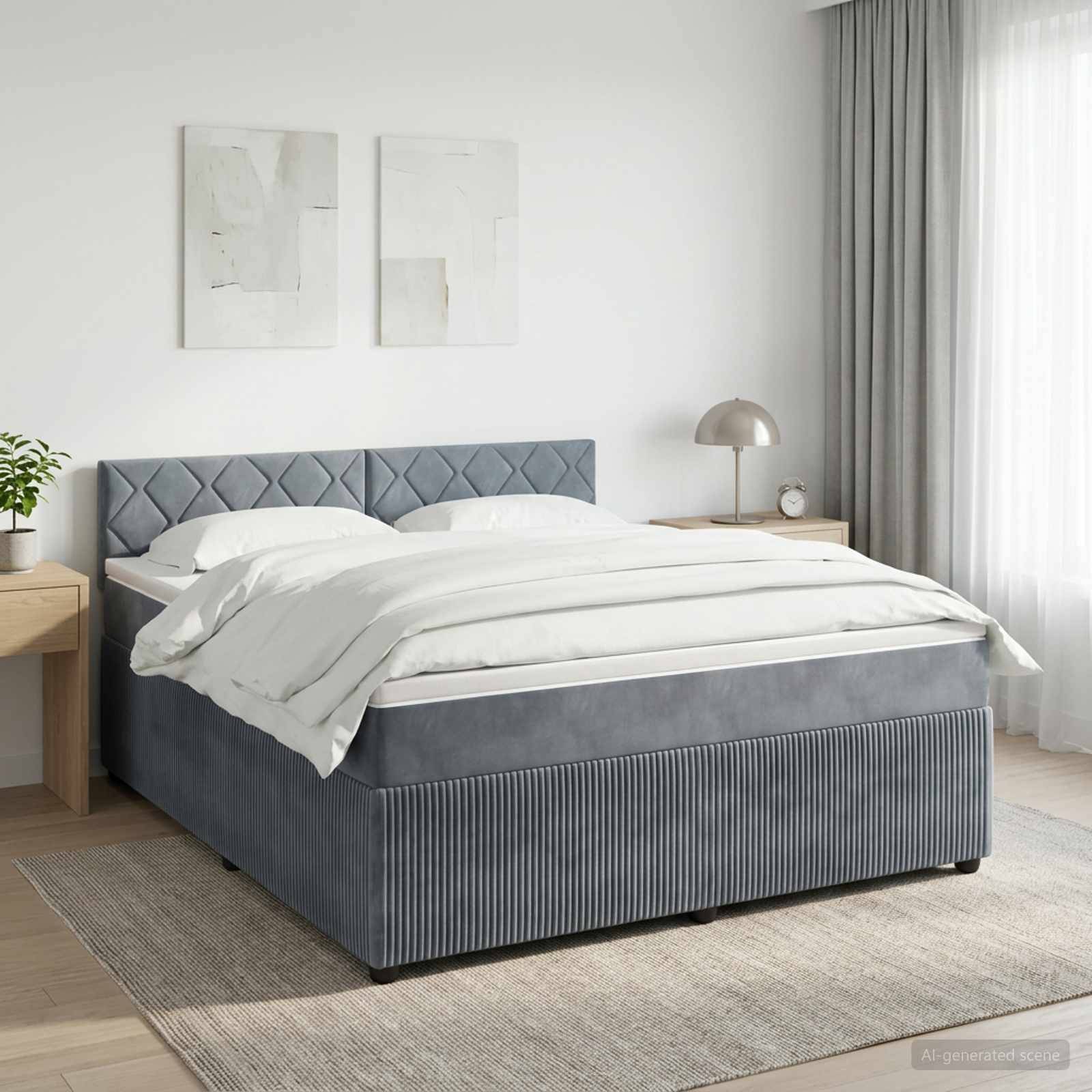 Modernes Schlafzimmer mit einem grau gepolsterten Bett, weißer Bettwäsche, Nachttischen, Wandkunst und weichem natürlichen Licht von einem Fenster mit Vorhängen.