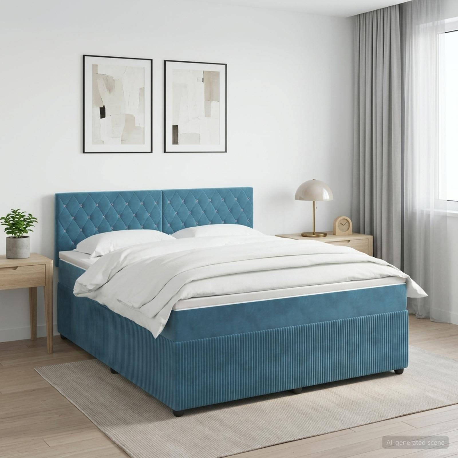Modernes Schlafzimmer mit einem blaugepolsterten Bett, weißer Bettwäsche, zwei gerahmten Drucken darüber und passenden Nachttischen neben einem Fenster mit Vorhängen.
