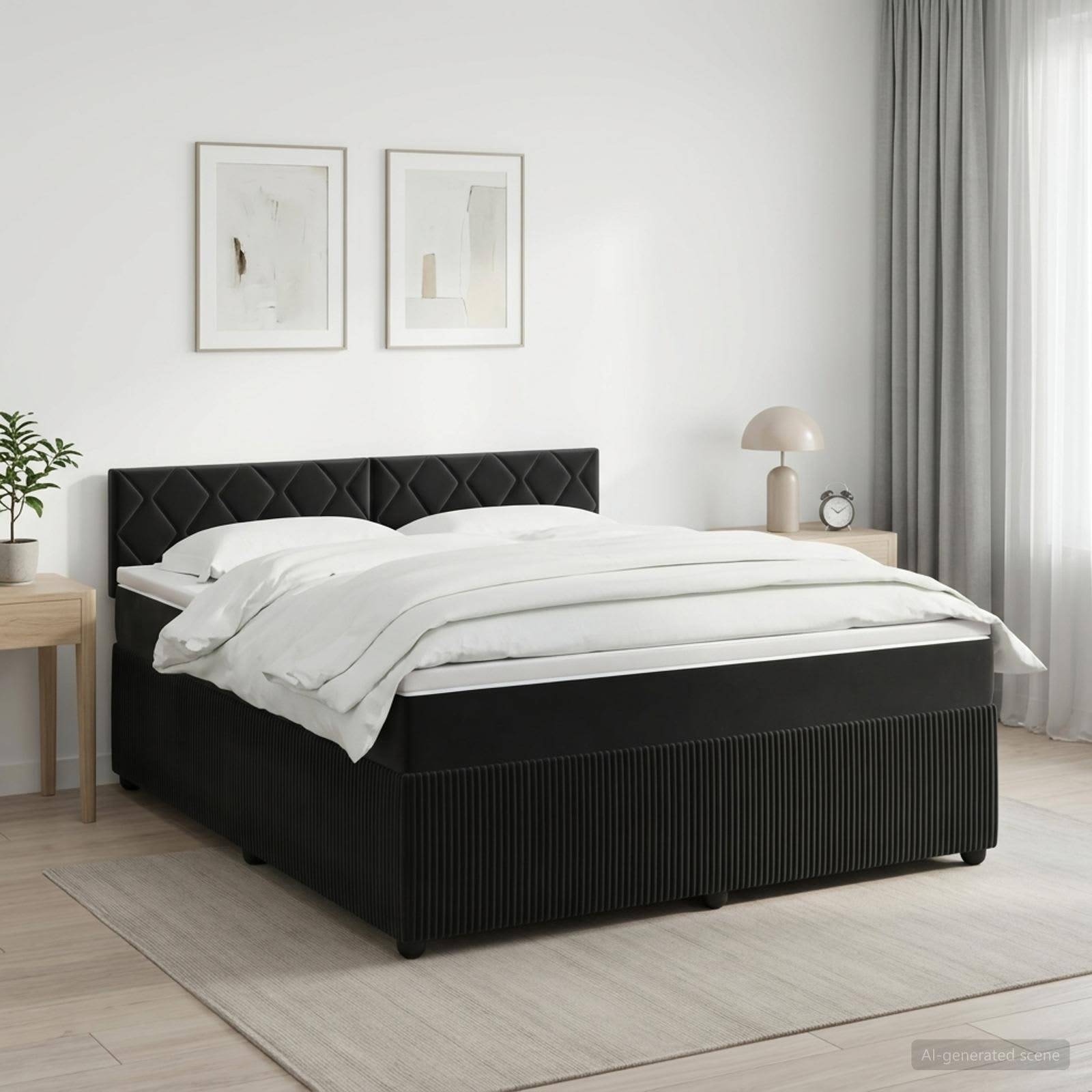 Modernes Schlafzimmer mit einem schwarzen gepolsterten Bett, das mit weißer Bettwäsche bezogen ist, Wandbilder im Rahmen darüber und ein Nachttisch mit Lampe neben einem Fenster mit Vorhängen.