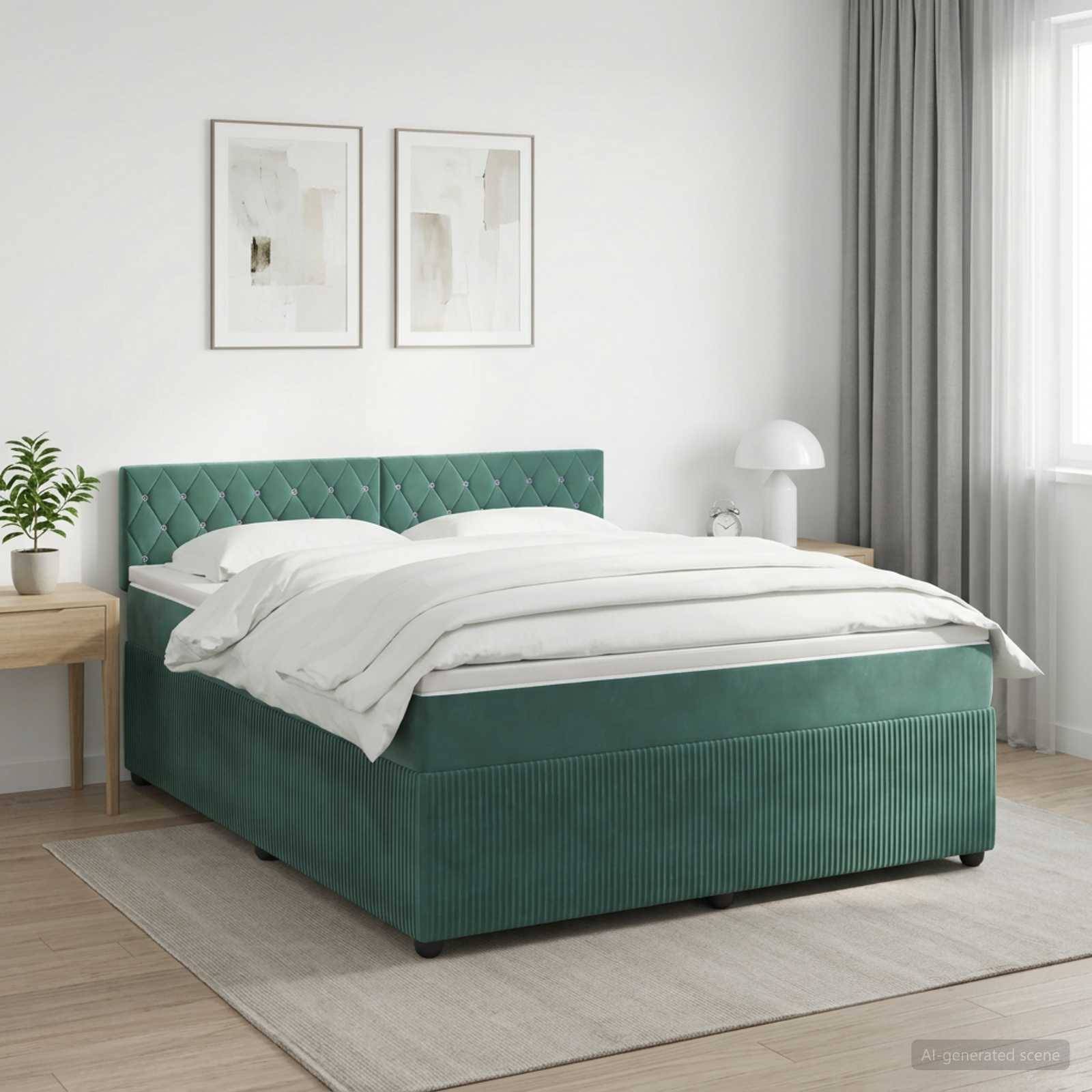 Modernes Schlafzimmer mit einem blaugrünen gepolsterten Bett, weißer Bettwäsche, Nachttisch, Lampe, Pflanze, gerahmtem Wandbild und Vorhängen an einem Fenster.