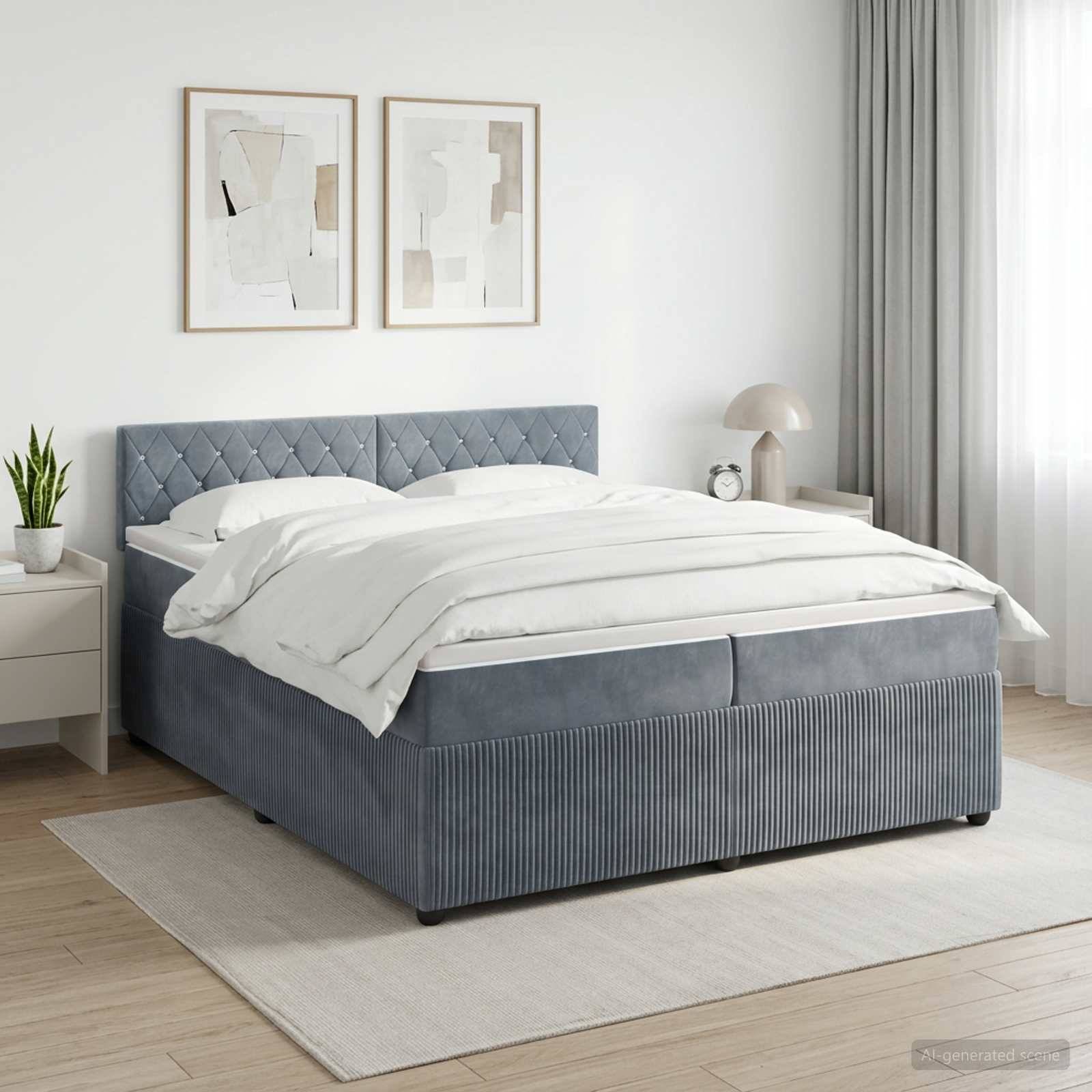 Modernes Schlafzimmer mit einem blaugepolsterten Bett, weißer Bettwäsche, Nachttischen, gerahmten Wandbildern und transparenten Vorhängen in sanftem natürlichen Licht.