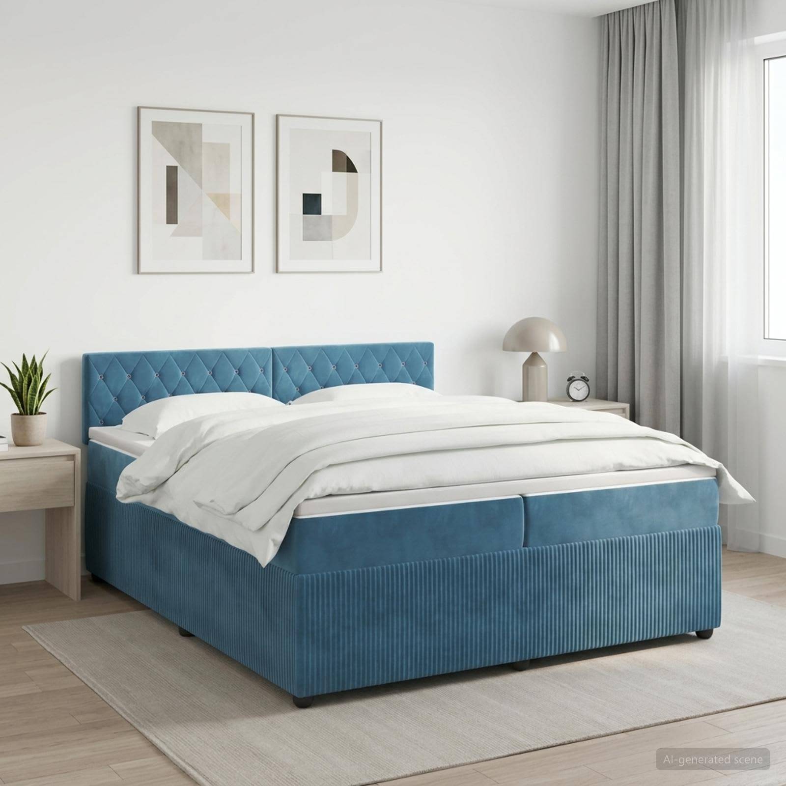 Modernes Schlafzimmer mit einem blau gepolsterten Bett, weißer Bettwäsche, Nachttischen, gerahmten Wandbildern und einem Fenster mit grauen Vorhängen.