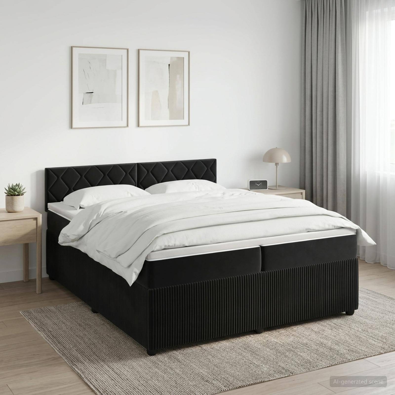 Minimalistisches Schlafzimmer mit einem schwarz gepolsterten Bett, bezogen mit weißer Bettwäsche, flankiert von Nachttischen und gerahmten Wandkunstwerken.