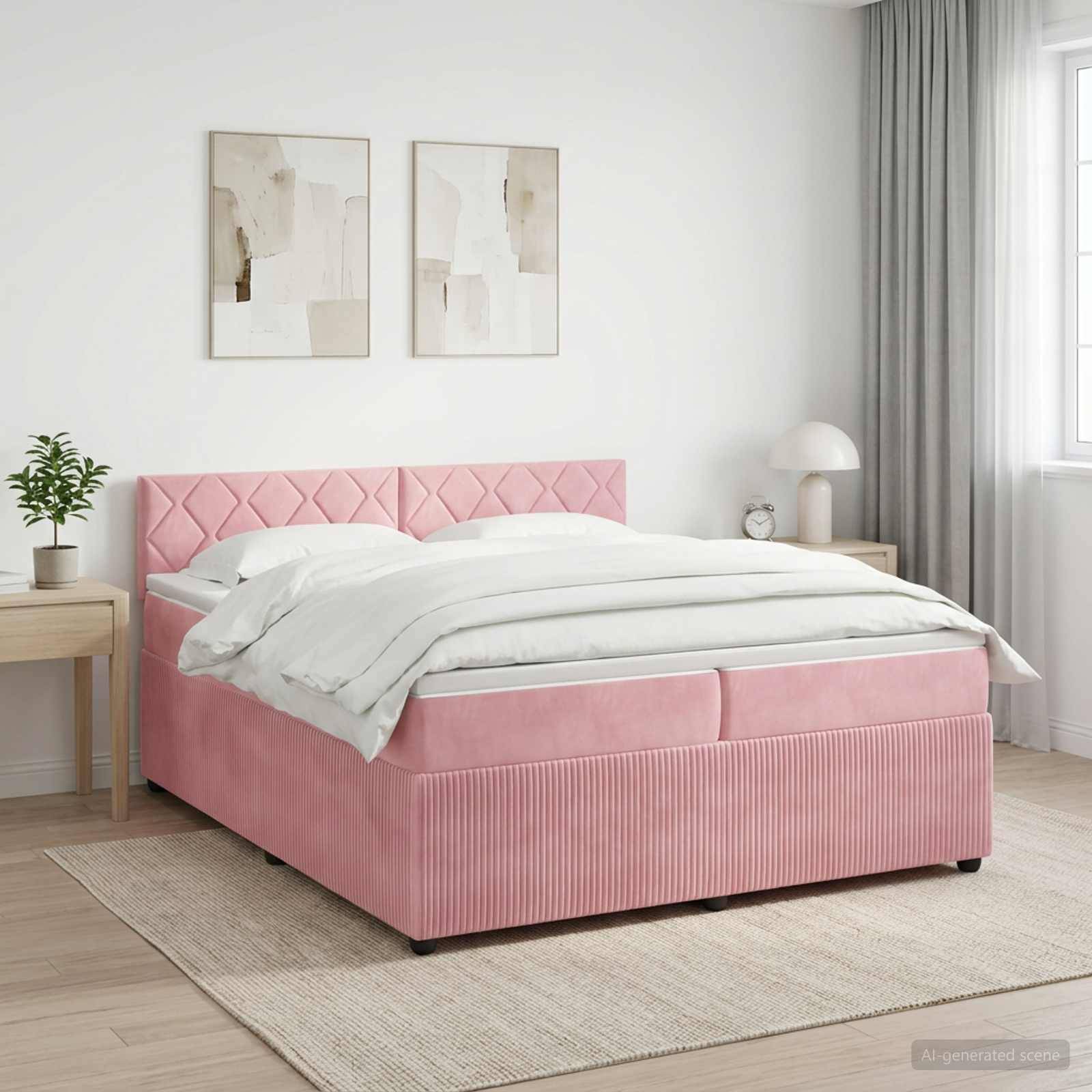 Ein modernes Schlafzimmer mit einem rosa gepolsterten Bett, weißer Bettwäsche, zwei abstrakten Wanddrucken, Nachttischen und weichen grauen Gardinen.