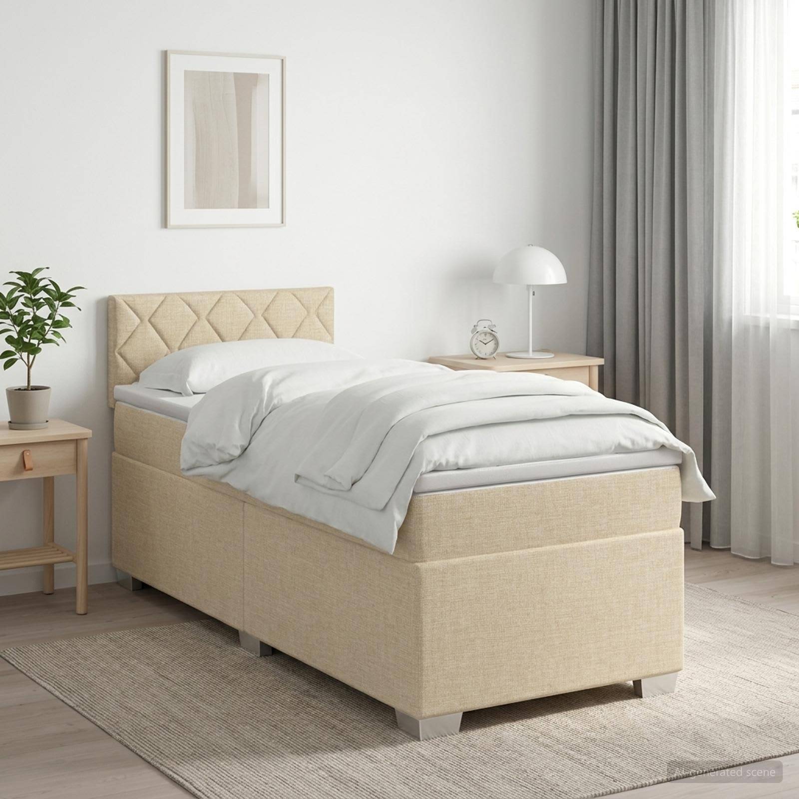 Ein beiges gepolstertes Einzelbett mit weißer Bettwäsche in einem hellen, minimalistischen Schlafzimmer neben Nachttischen, einer Lampe, einer Pflanze und Vorhängen.