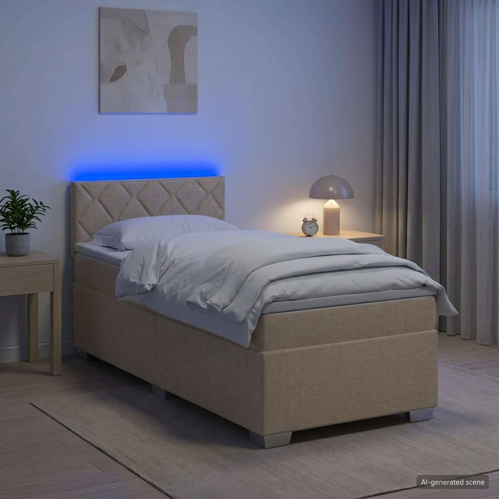 Modernes Schlafzimmer mit gemachtem Einzelbett, blau beleuchtetes Kopfteil, Nachttischlampe, kleiner Pflanzentisch, Vorhang und Wandkunst in einem sanft beleuchteten Raum.