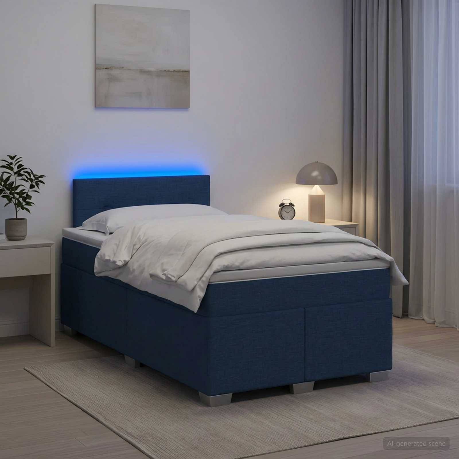 Modernes Schlafzimmer mit einem blaugepolsterten Bett, weißer Bettwäsche, Nachttischlampe und Uhr, Wandkunst, Vorhängen und einem kleinen Beistelltisch mit einer Pflanze.