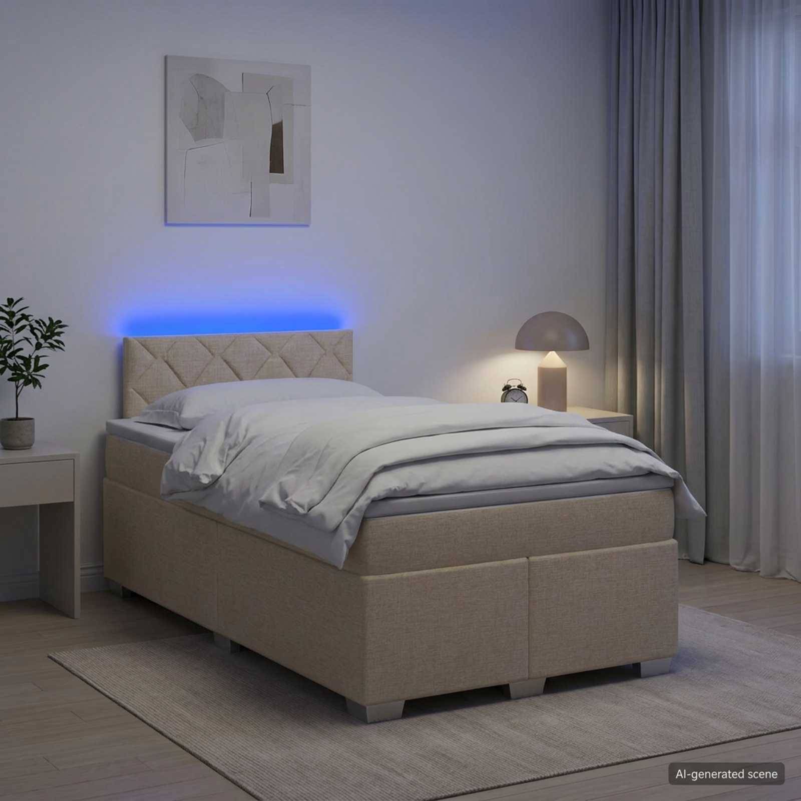 Minimales modernes Schlafzimmer mit einem beigefarbenen Bett, blauem LED-Kopfleuchten-Glow, Nachttischlampe, Vorhängen und abstrakter Wandkunst.