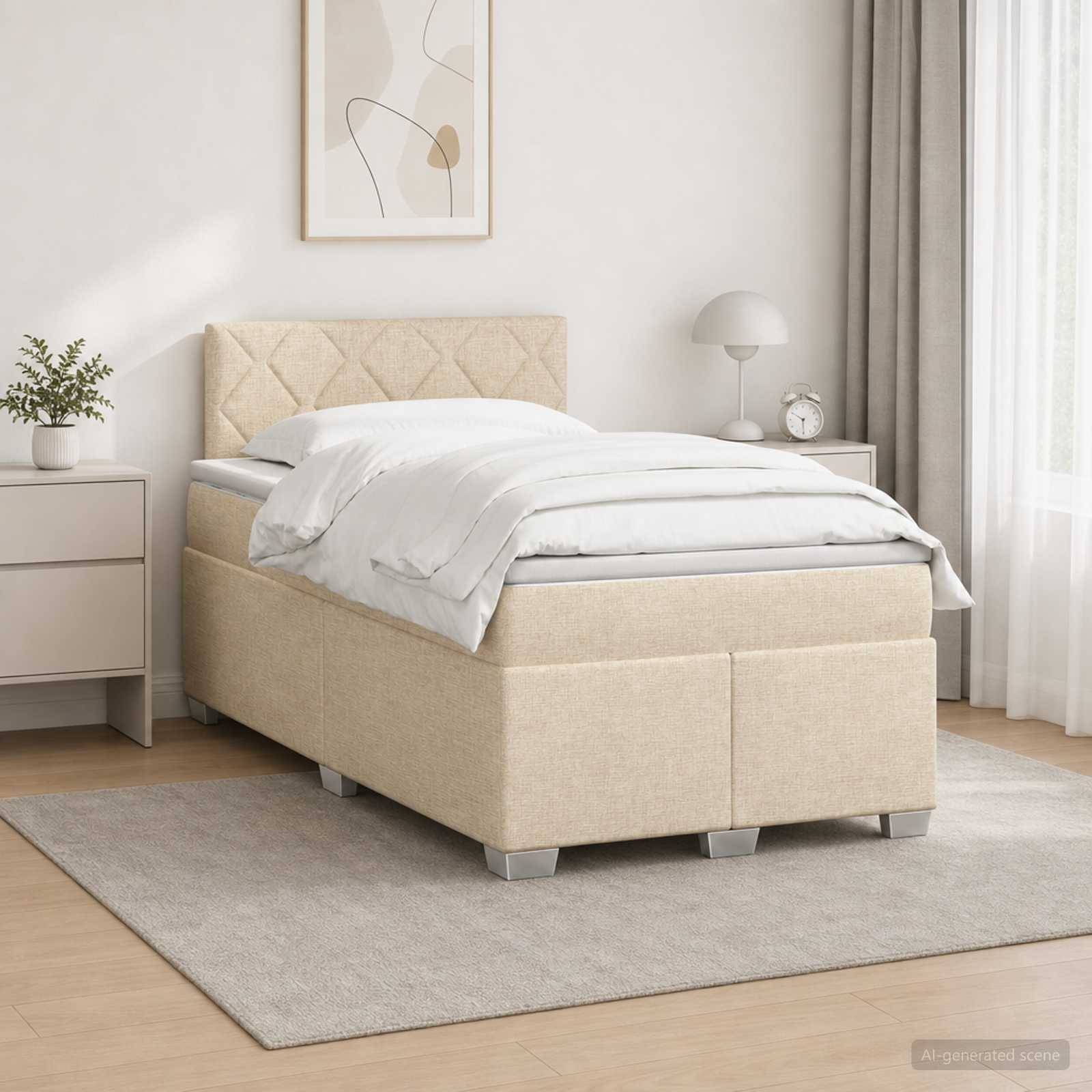 Beiges Polsterbett mit weißer Bettwäsche in einem minimalistischen Schlafzimmer, neben einem Nachttisch, einer Lampe, einer Pflanze und gerahmter Wandkunst.