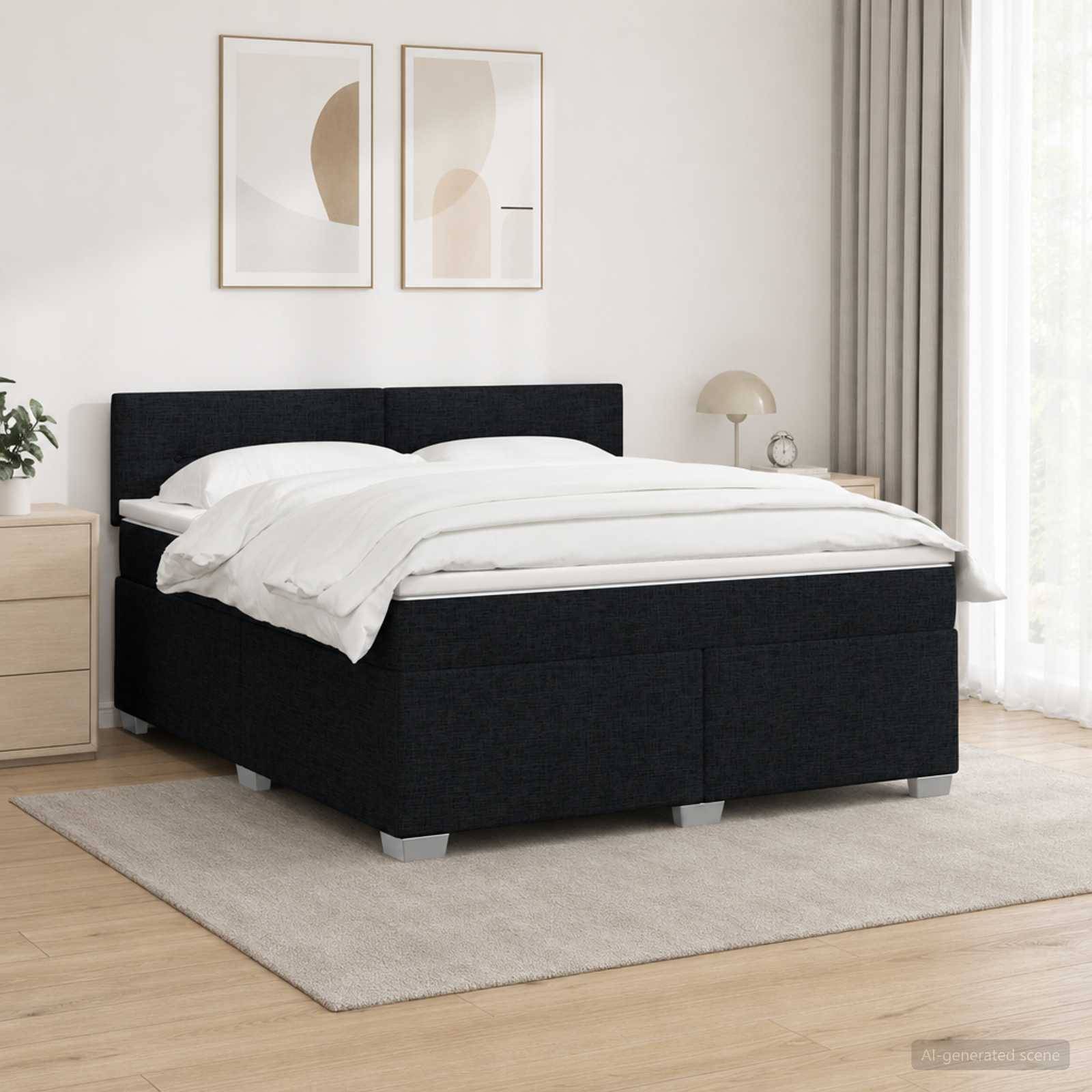 Modernes Schlafzimmer mit einem schwarz gepolsterten Bett, weißer Bettwäsche, zwei abstrakten Wanddrucken, Nachttischlampe und hellem Teppich in einem hellen minimalistischen Raum.