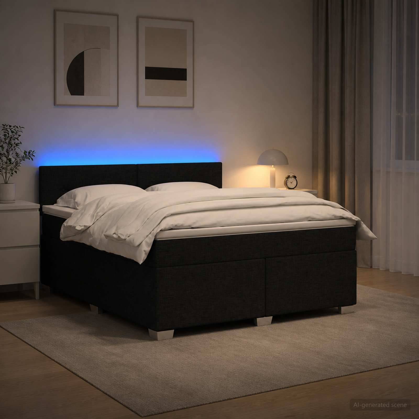 Modernes Schlafzimmer mit unmgemachtem Bett, blauem Kopfeil mit Hintergrundbeleuchtung, Nachttischlampe, Nachttisch, Teppich und Wandkunst im Rahmen.