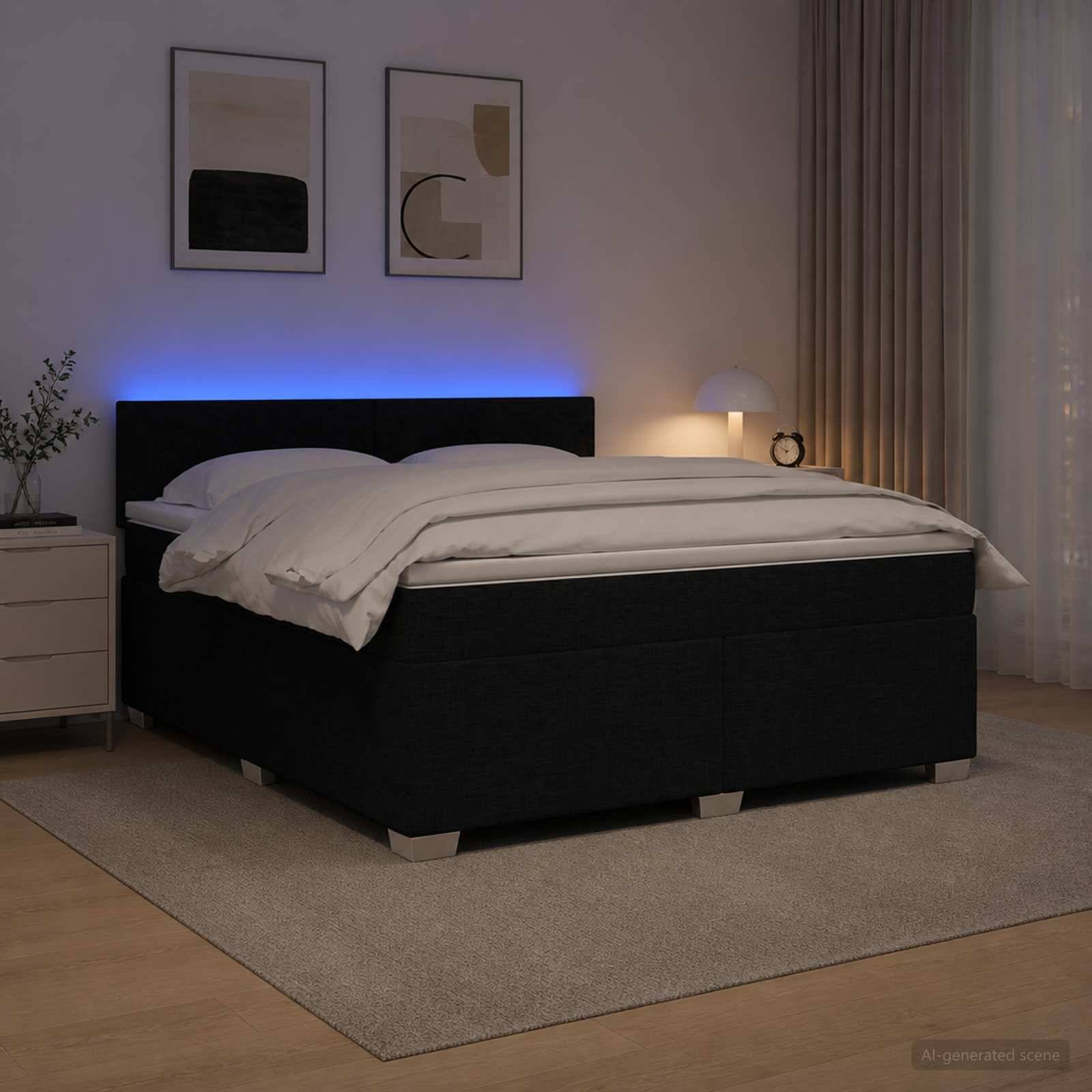 Modernes Schlafzimmer mit einem schwarzen gepolsterten Bett, weißer Bettwäsche, sanftem blauem Kopfleuchtenicht, Nachttischlampe, eingerahmter Wandkunst und Vorhängen.