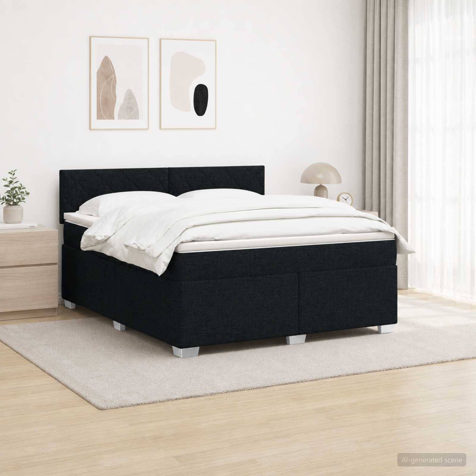 Modernes Schlafzimmer mit einem schwarzen gepolsterten Bett, weißer Bettwäsche, Nachttisch, eingerahmten Wandbildern und durchscheinenden Gardinen in einem hellen minimalistischen Raum.
