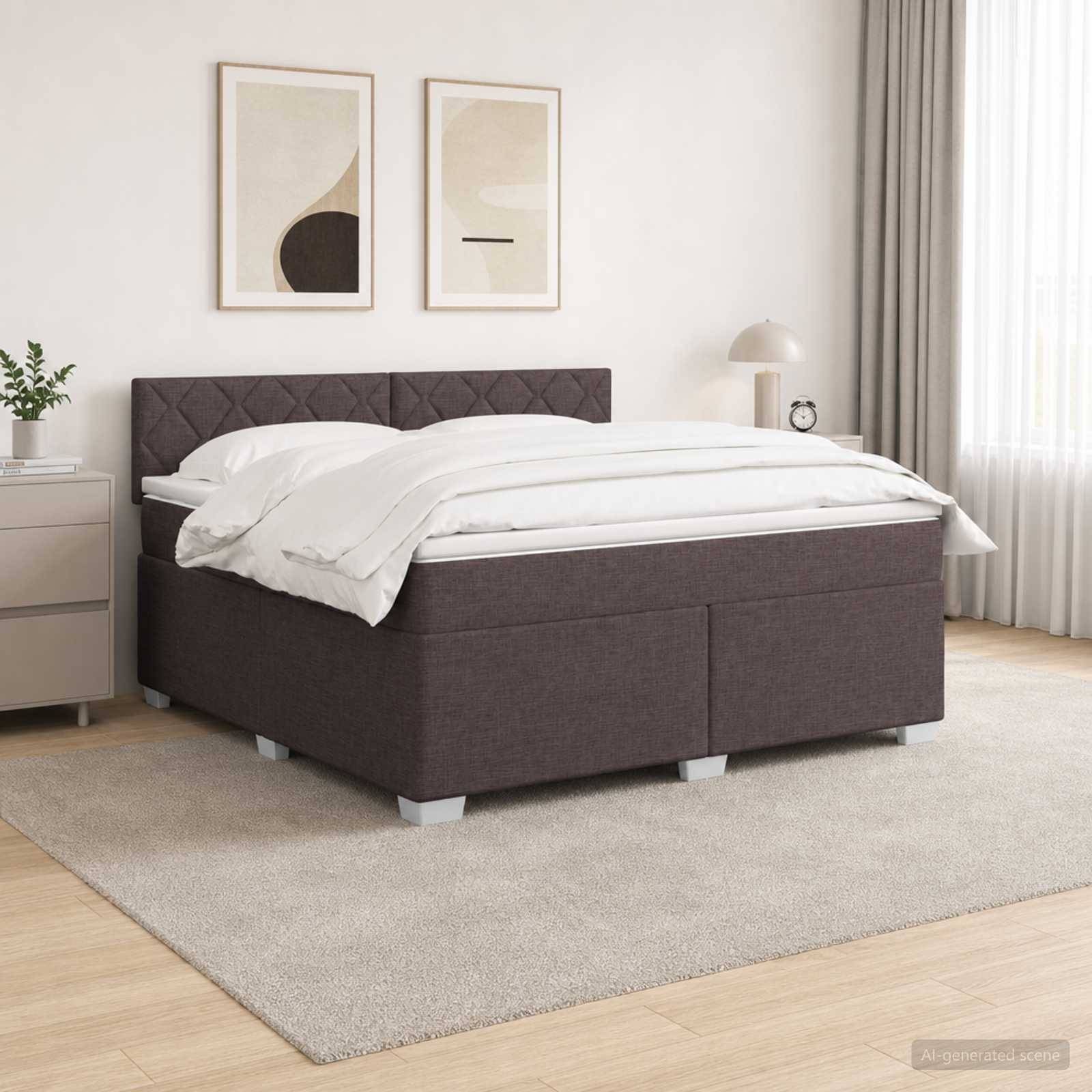 Dunkles gepolstertes Bett mit weißer Bettwäsche in einem minimalistischen Schlafzimmer, auf einem beigen Teppich neben einem Nachttisch, einer Lampe und Bildern an der Wand.