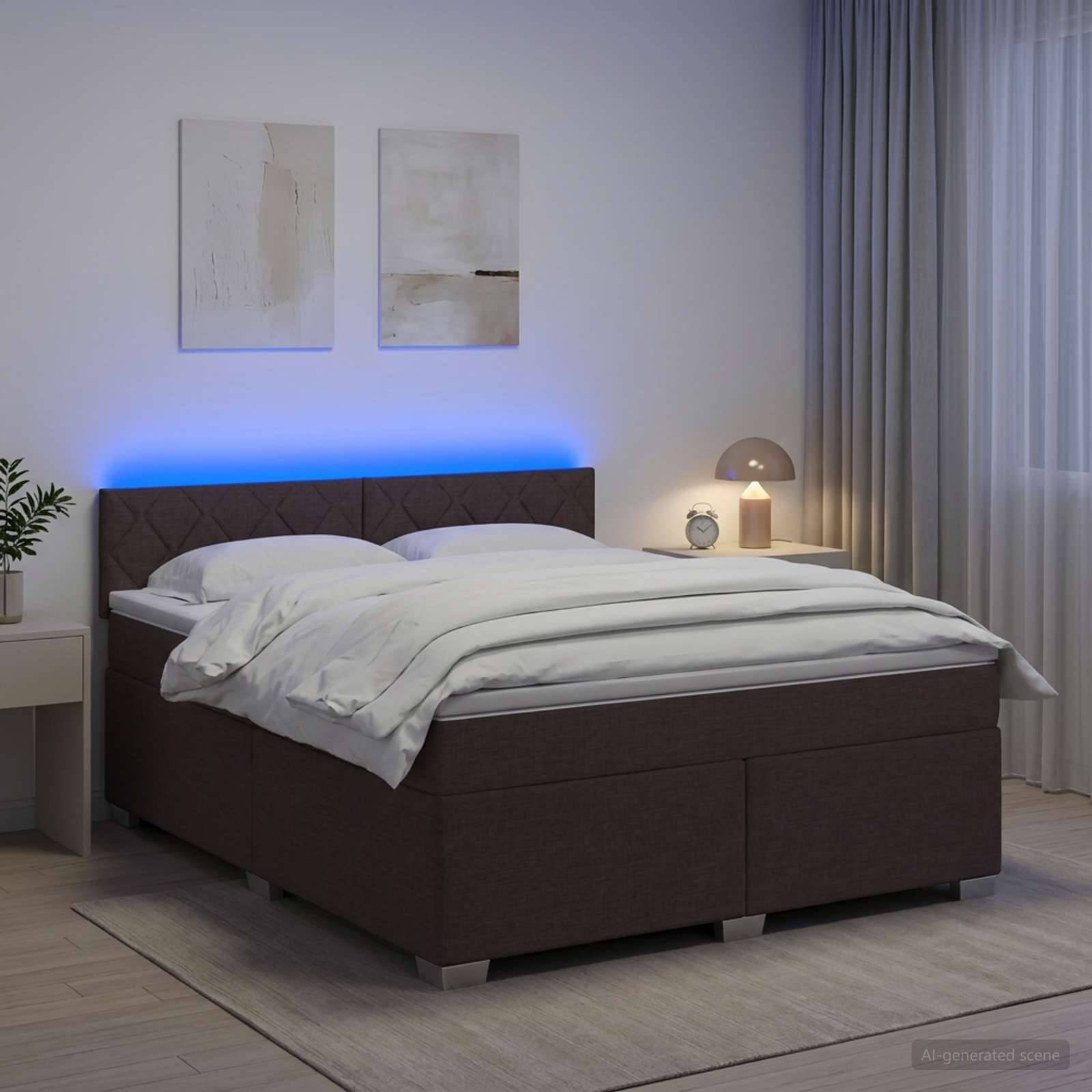 Modernes Schlafzimmer mit dunkel gepolstertem Bett, weißer Bettwäsche, blauer LED-Kopfleuchte, Nachttischlampe und Wandkunst.
