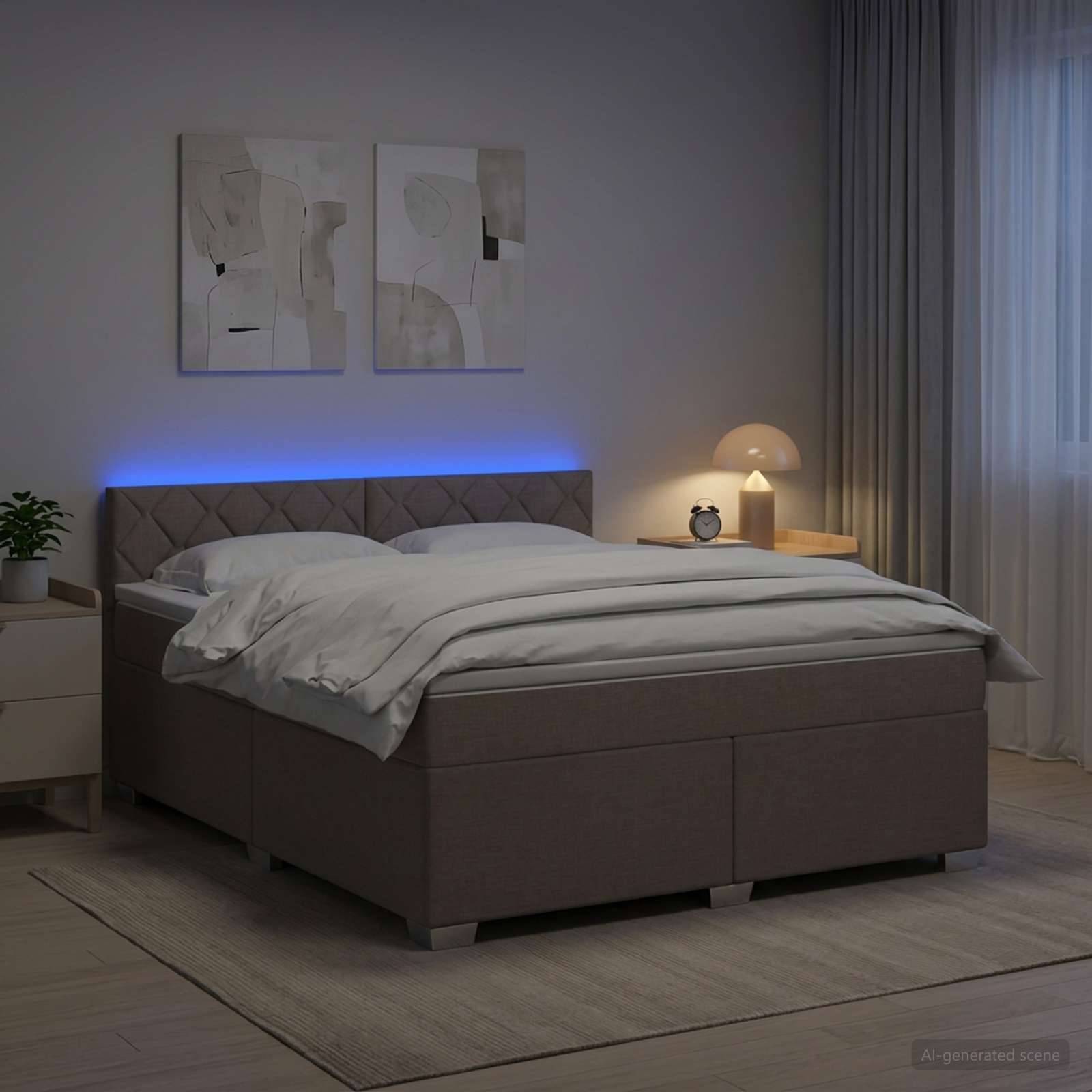 Ein modernes Schlafzimmer mit einem Doppelbett, blauer LED-Kopfleuchte, Nachttischlampe, Wandkunst, Vorhängen und einem Teppich.