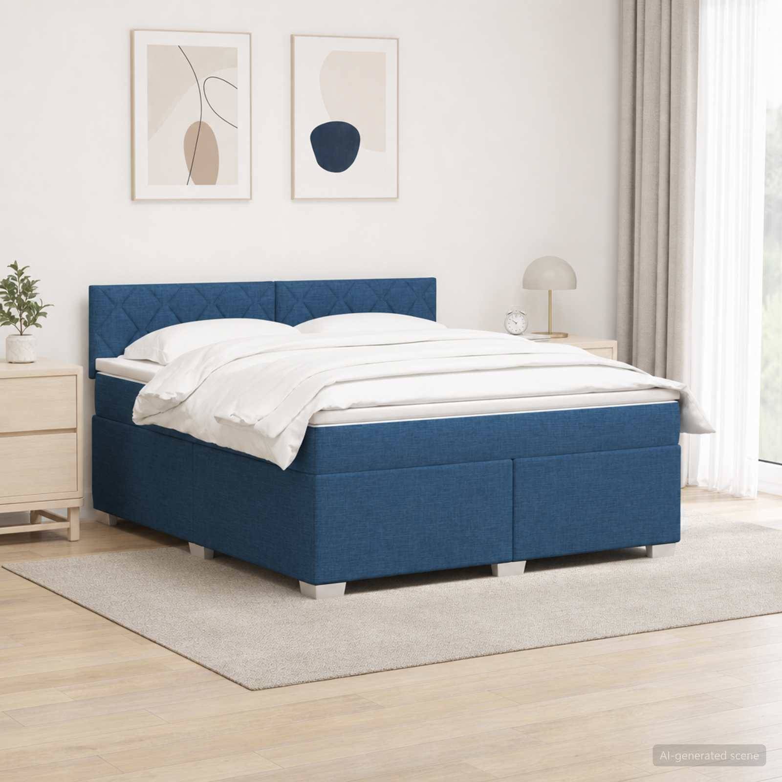 Blaugepolstertes Bett mit weißer Bettwäsche in einem hellen, minimalistischen Schlafzimmer, neben einem Nachttisch und abstrakter Wandkunst.