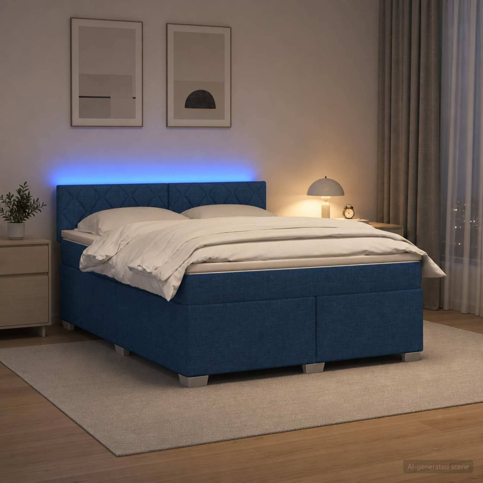 Modernes Schlafzimmer mit einem blau gepolsterten Bett, weißer Bettwäsche, weicher blauer Kopfleuchte, Nachttischlampe, Teppich und gerahmten Wandbildern.