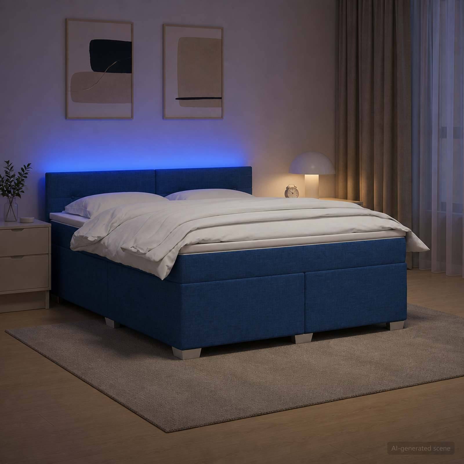 Blaugepolstertes Bett mit weißer Bettwäsche in einem sanft beleuchteten modernen Schlafzimmer, neben einem Nachttisch und einer Lampe, mit Vorhängen und Wandkunst.