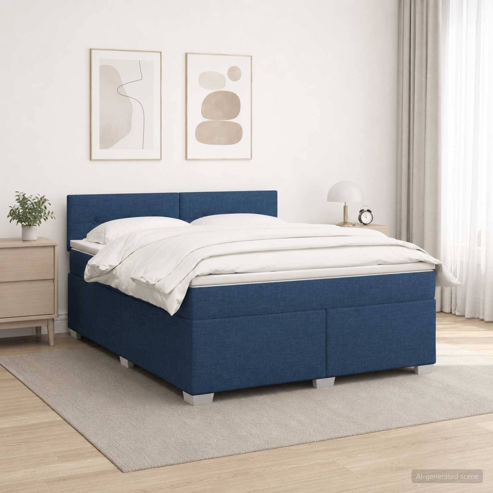 Bett mit blauem Polsterstoff und weißer Bettwäsche in einem minimalistischen Schlafzimmer, neben einem Nachttisch, einer Lampe und einem gerahmten Wandbild.