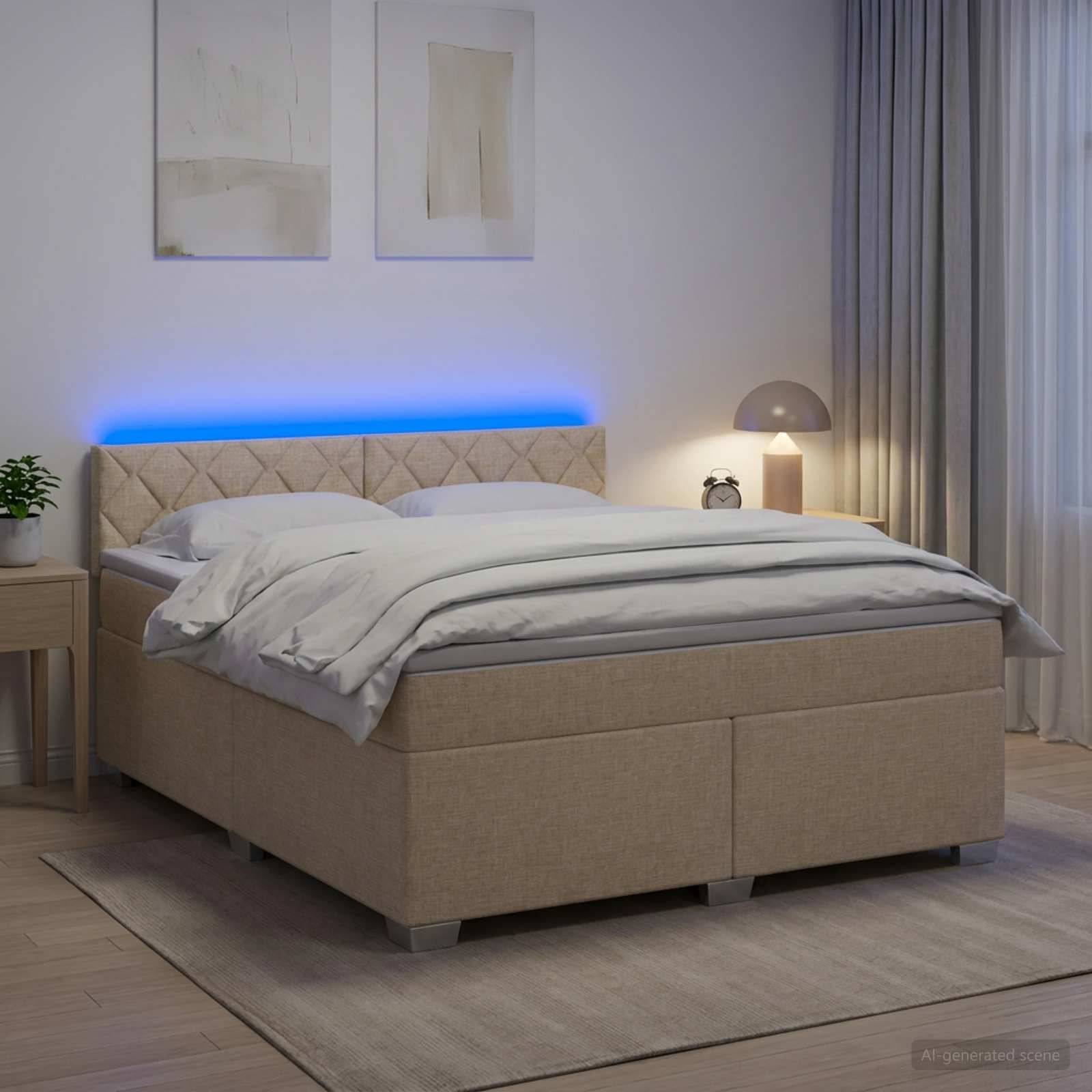 Modernes beiges Polsterbett mit weißer Bettwäsche in einem sanft beleuchteten Schlafzimmer, ausgestattet mit blauer LED-Kopfleuchte, Nachttisch, Lampe, Vorhängen und Wandkunst.