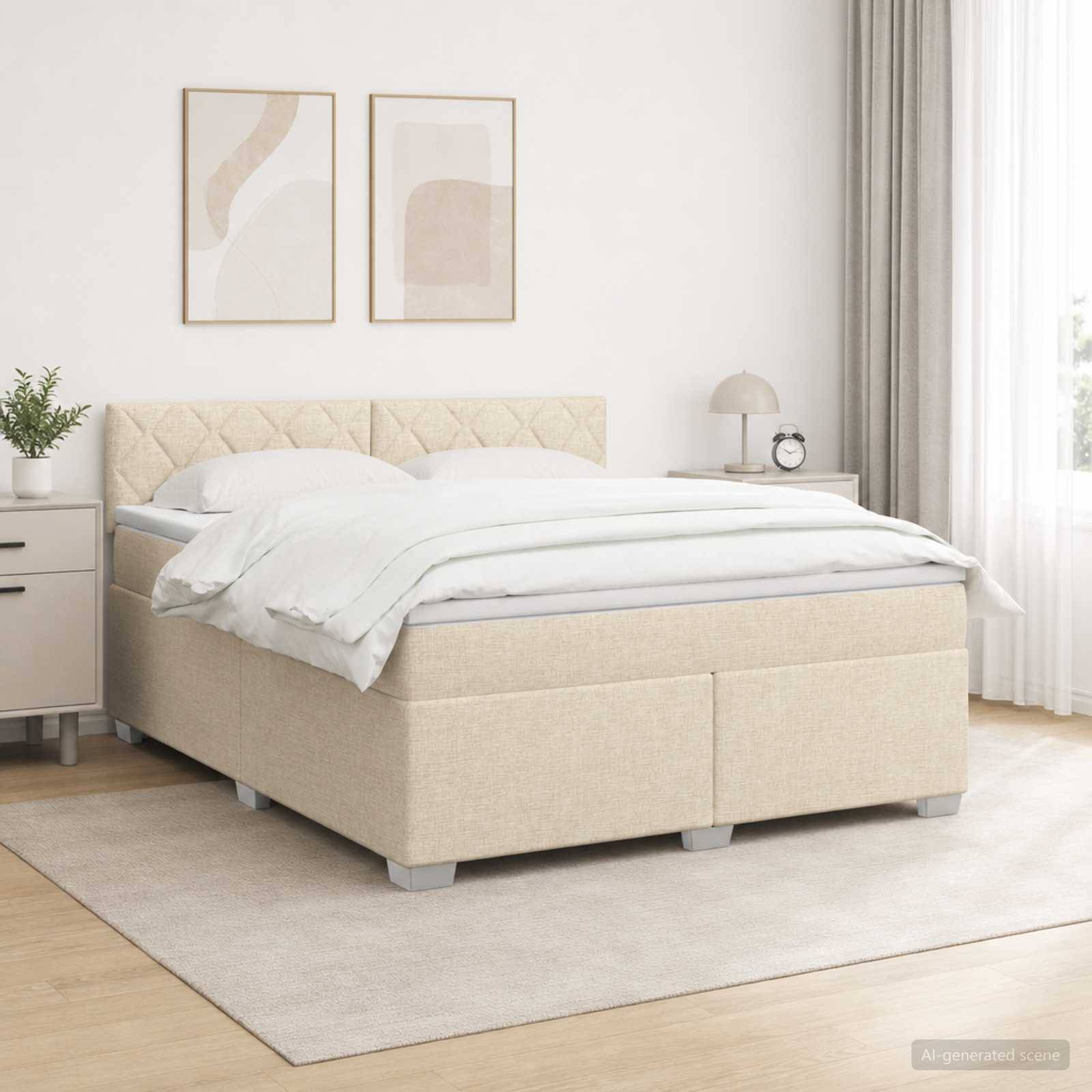 Ein sauber gemachtes beigefarbenes Polsterbett in einem hellen, minimalistischen Schlafzimmer mit Nachttischen, Lampe, Wandkunst und einem hellen Teppich.