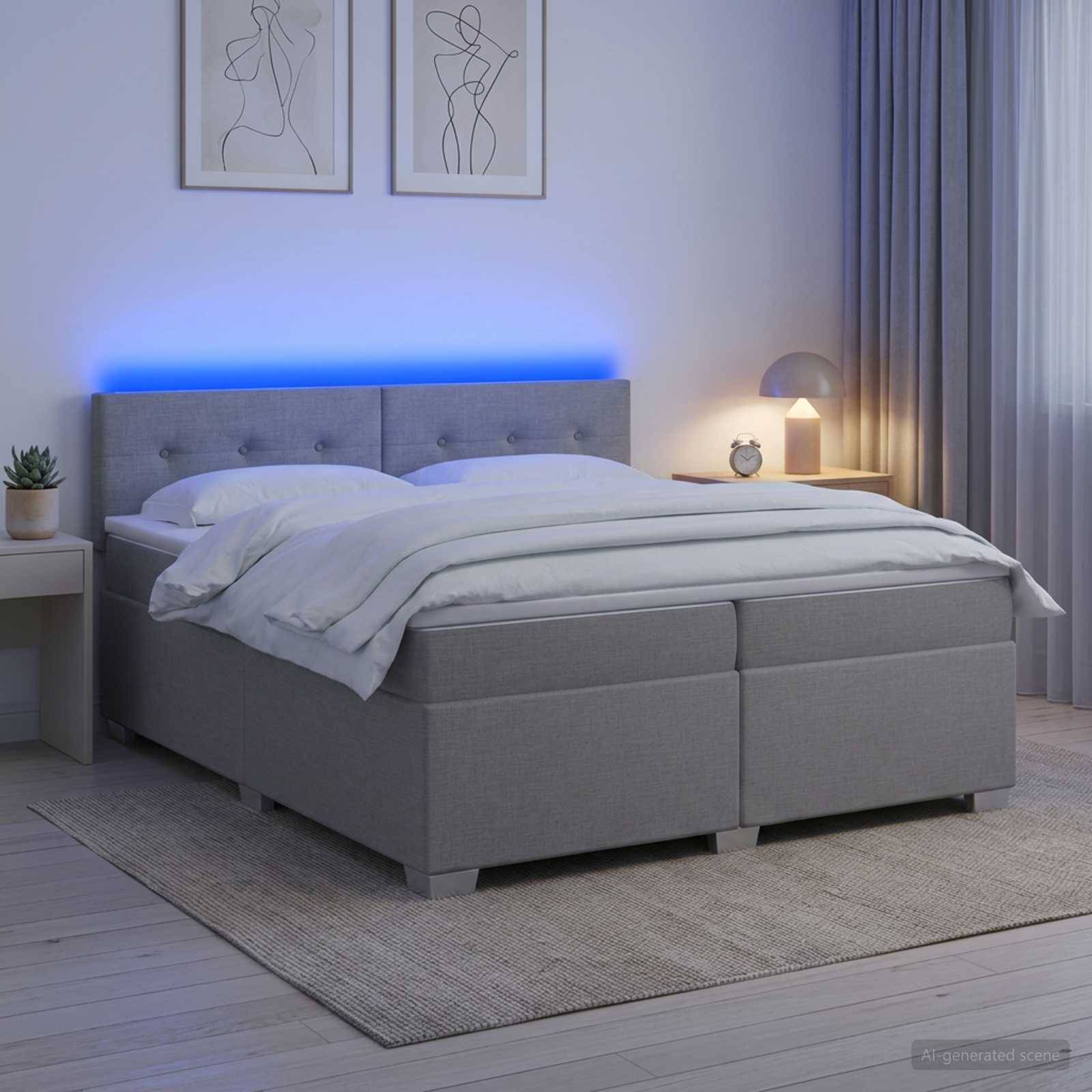 Modernes grau gepolstertes Bett mit weißer Bettwäsche, blau beleuchtetes Kopfteil, Nachttischlampe und gerahmte Wandkunst in einem minimalistischen Schlafzimmer.