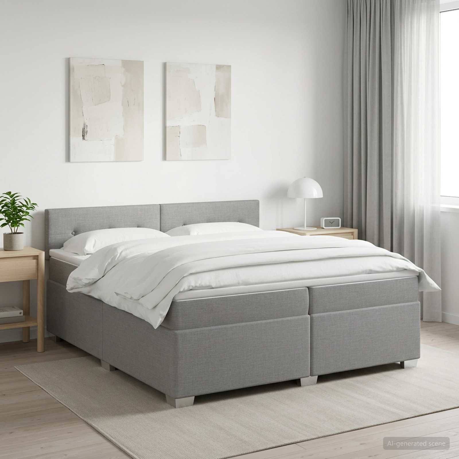 Minimalistisches Schlafzimmer mit einem grau gepolsterten Bett, weißer Bettwäsche, Nachttischen, Wandkunst und weichem natürlichem Licht.