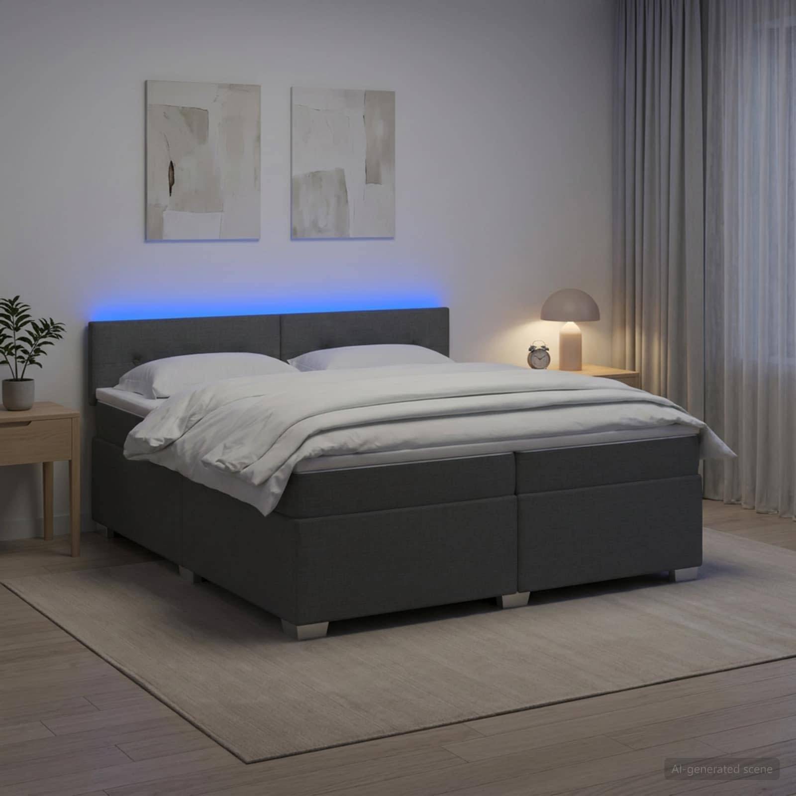 Modernes Schlafzimmer mit dunkel gepolstertem Bett, weißer Bettwäsche, blau hinterleuchtetem Kopfteil, Nachttischlampe, Vorhängen, Teppich und minimalistischer Wandkunst.