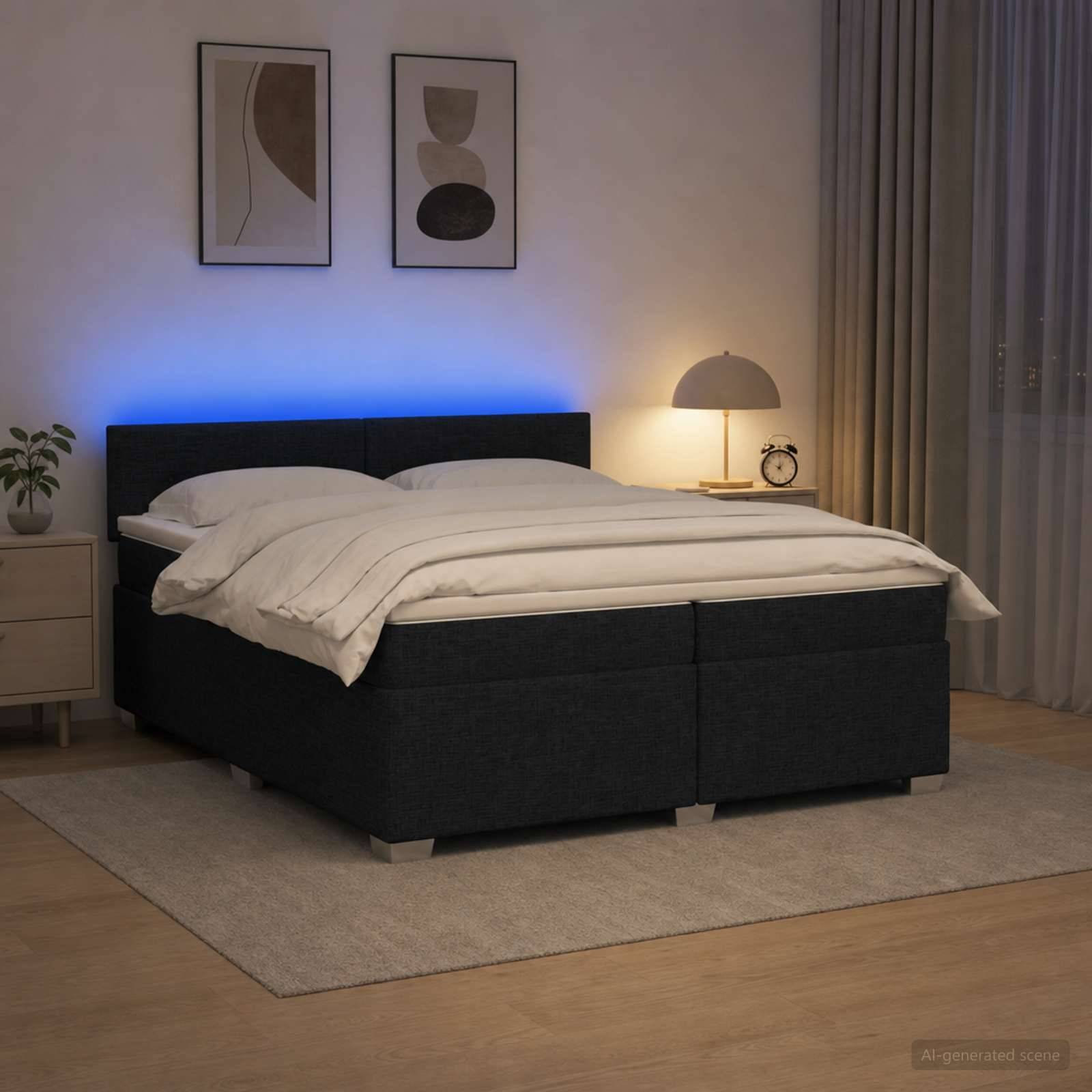 Modernes Schlafzimmer mit einem dunkel gepolsterten Bett, weißer Bettwäsche, blauer Kopfleuchtenbeleuchtung, Nachttischlampe und gerahmter Wandkunst.