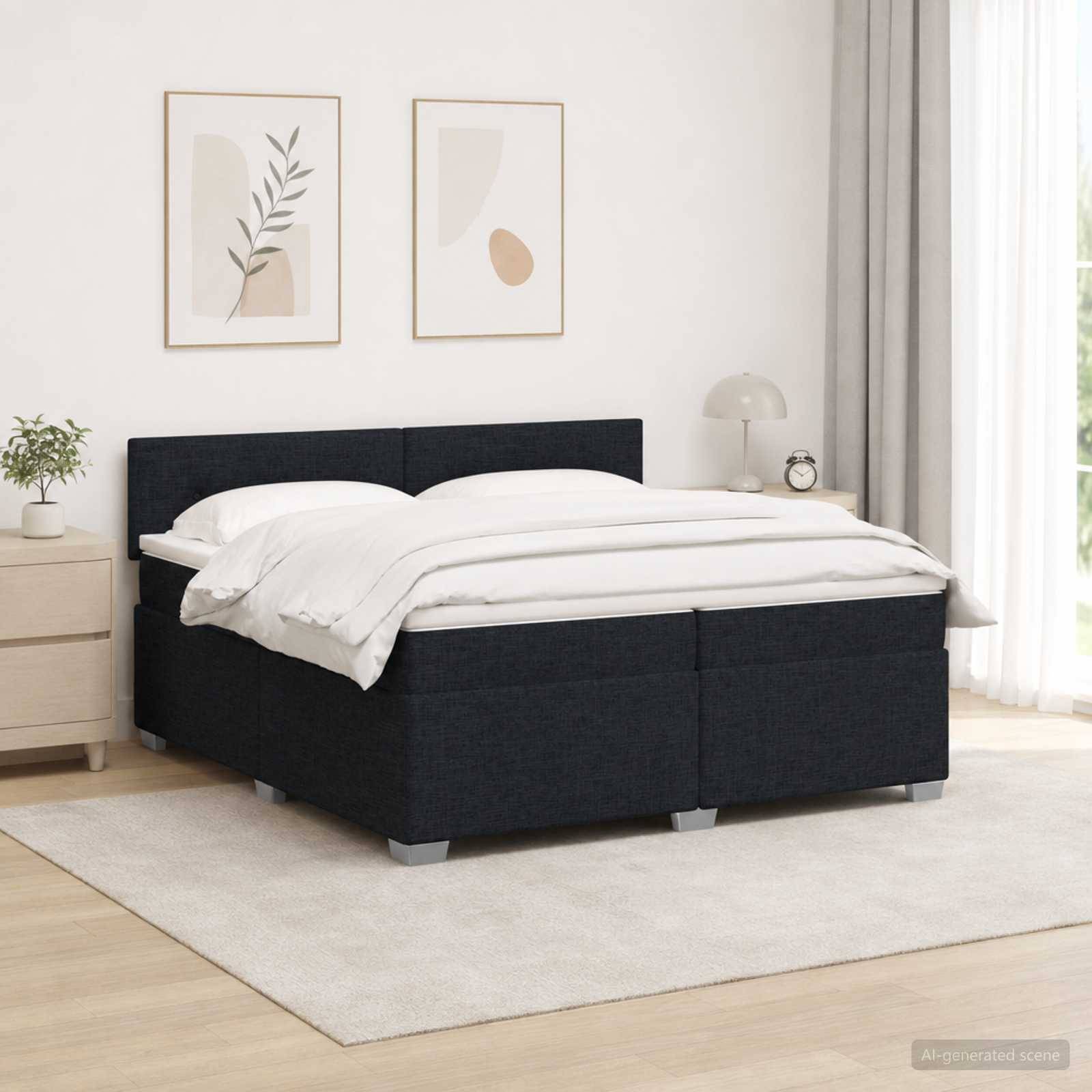 Schwarzes gepolstertes Bett mit weißer Bettwäsche in einem hellen, minimalistischen Schlafzimmer, gezeigt mit Nachttisch, Lampe, Wandkunst und Teppich.