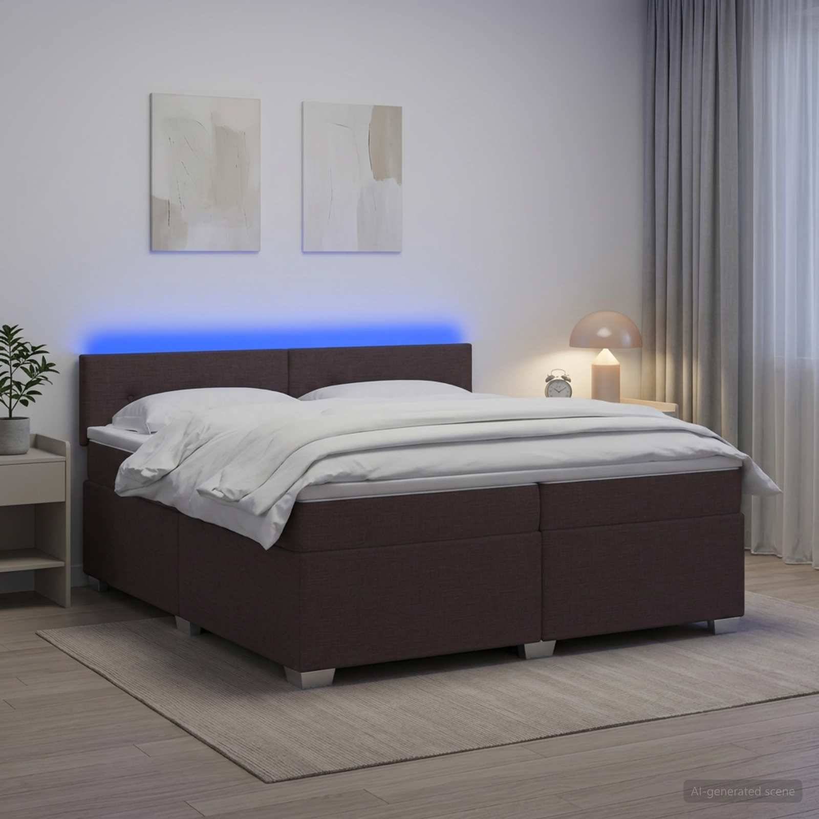 Modernes Schlafzimmer mit dunklem gepolstertem Bett, weißer Bettwäsche, blauer LED-Kopfleuchte und sanfter Nachttischlampe neben Vorhängen und Wandkunst.