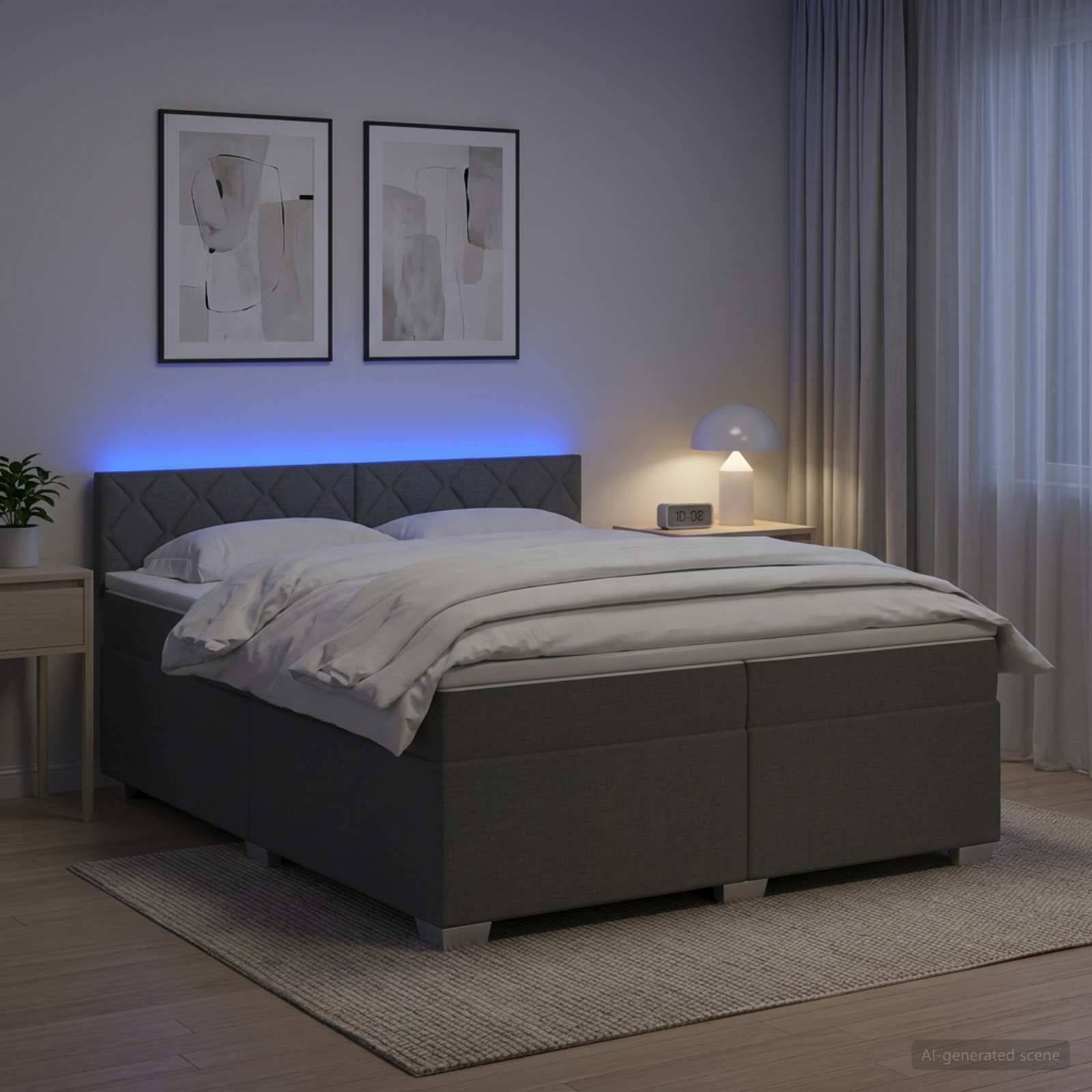 Modernes Schlafzimmer mit dunkel gepolstertem Bett, blauer LED-Kopfleuchte, Nachttischlampe, gerahmtem Wandbild und Gardinen aus transparentem Stoff.