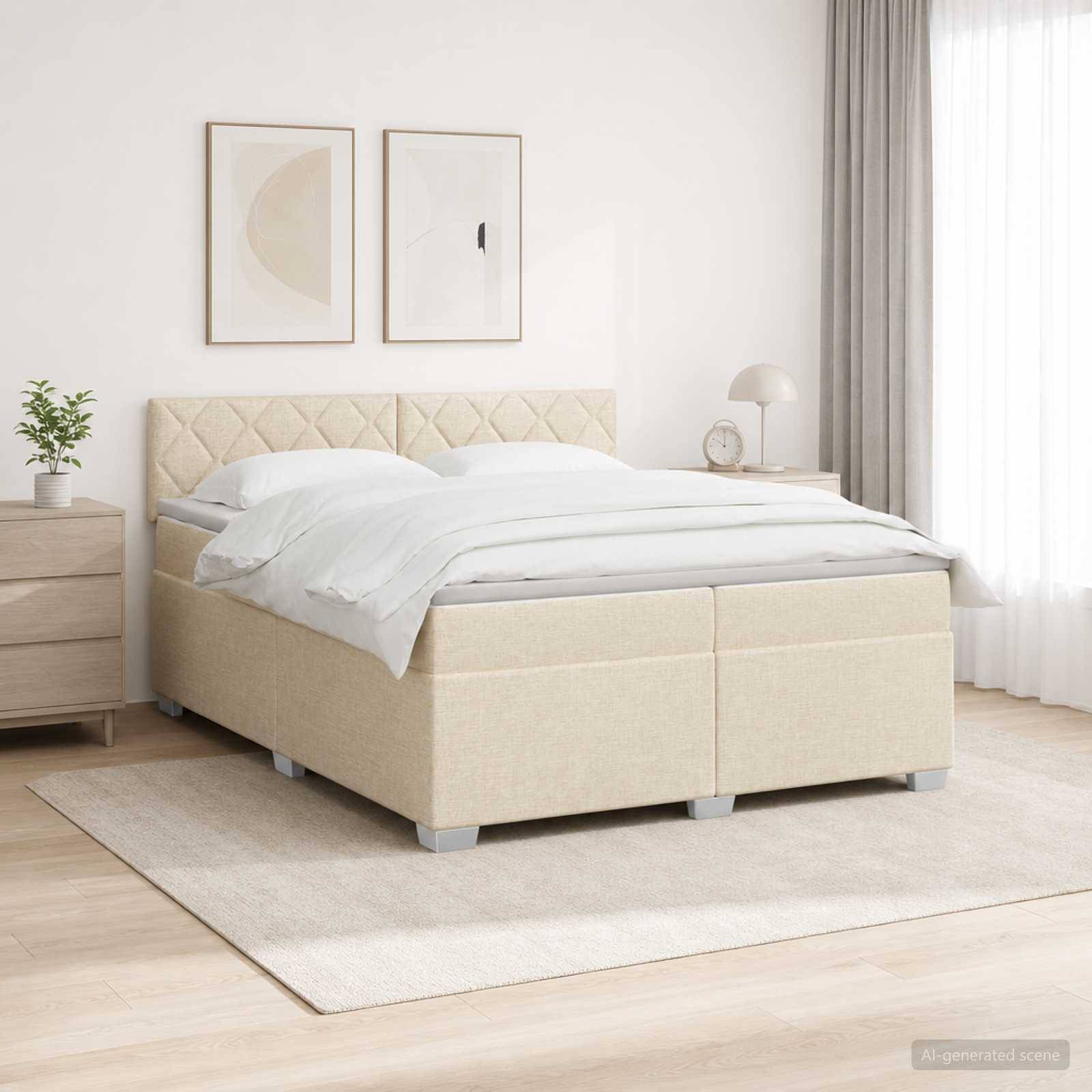 Hellbeiges gepolstertes Bett mit weißer Bettwäsche in einem minimalistischen Schlafzimmer, neben einem Nachttisch, einer Lampe, einer Pflanze und gerahmter Wandkunst.