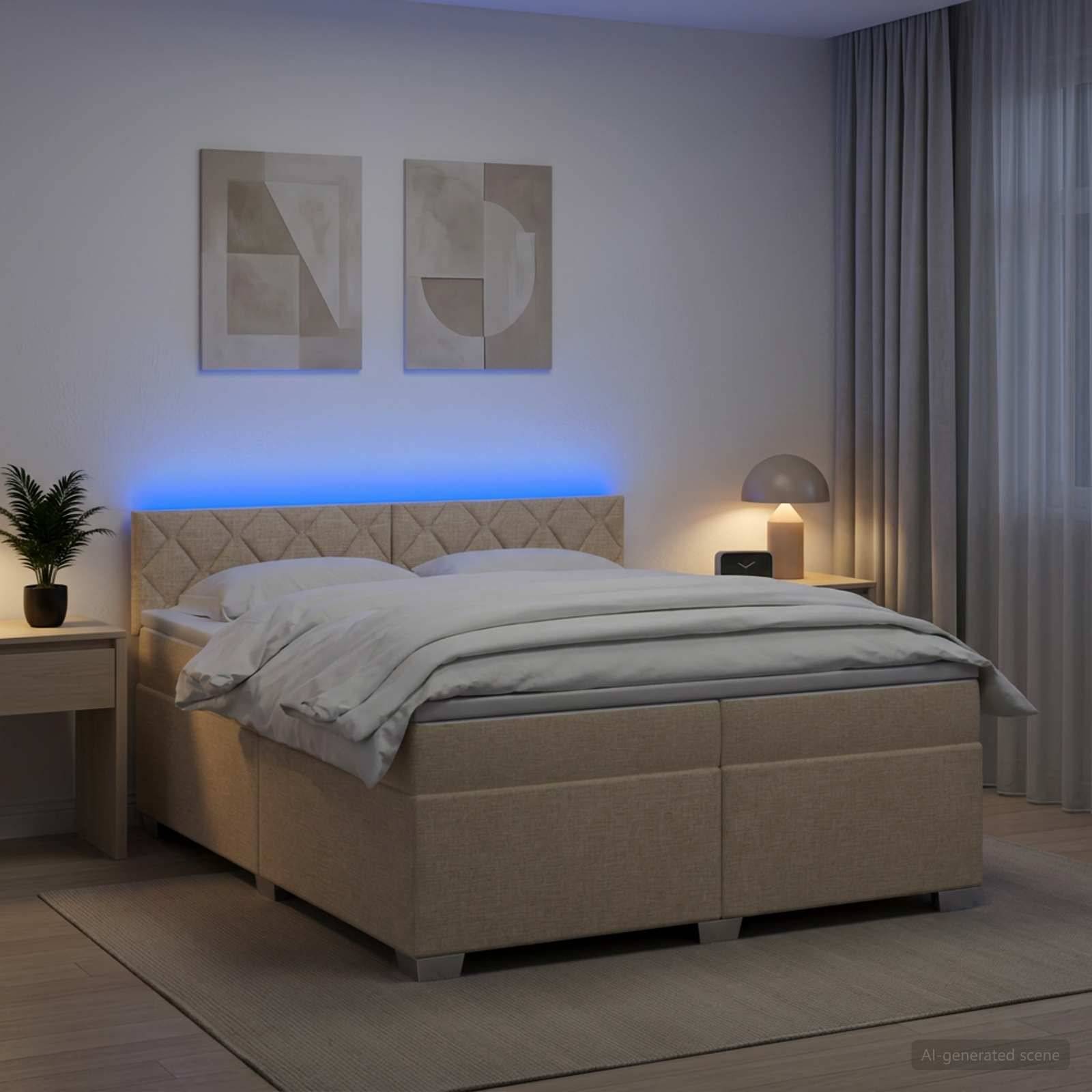 Modernes Schlafzimmer mit beigem gepolstertem Bett, blauer LED-Kopfleuchten-Beleuchtung, Nachttischen, Wandkunst, Lampe, Pflanze und Vorhängen.