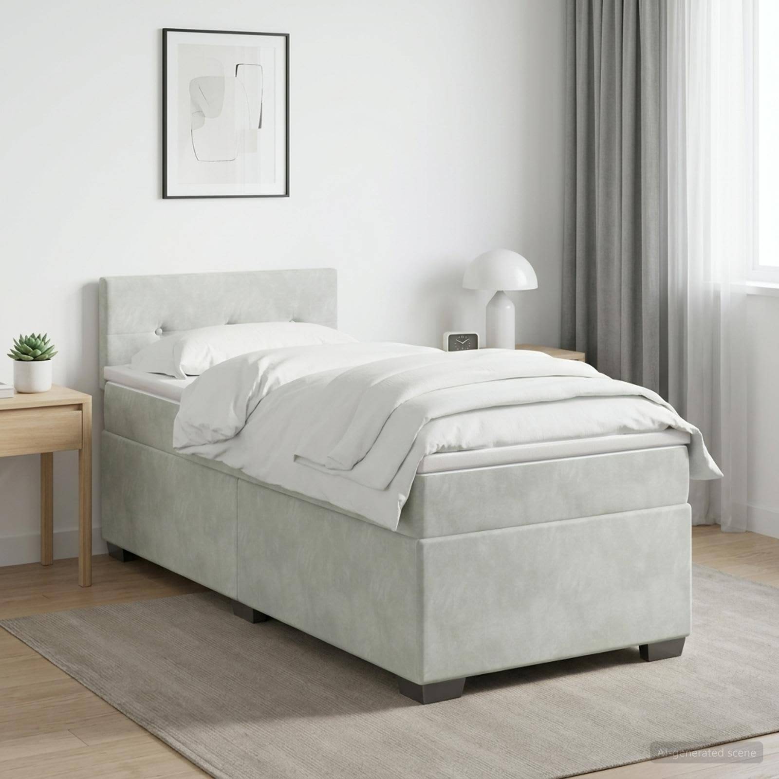 Modernes Einzelbett mit hellgrauem gepolstertem Rahmen, weißer Bettwäsche, Nachttisch, Lampe und gerahmtem Wandbild in einem hellen minimalistischen Schlafzimmer.