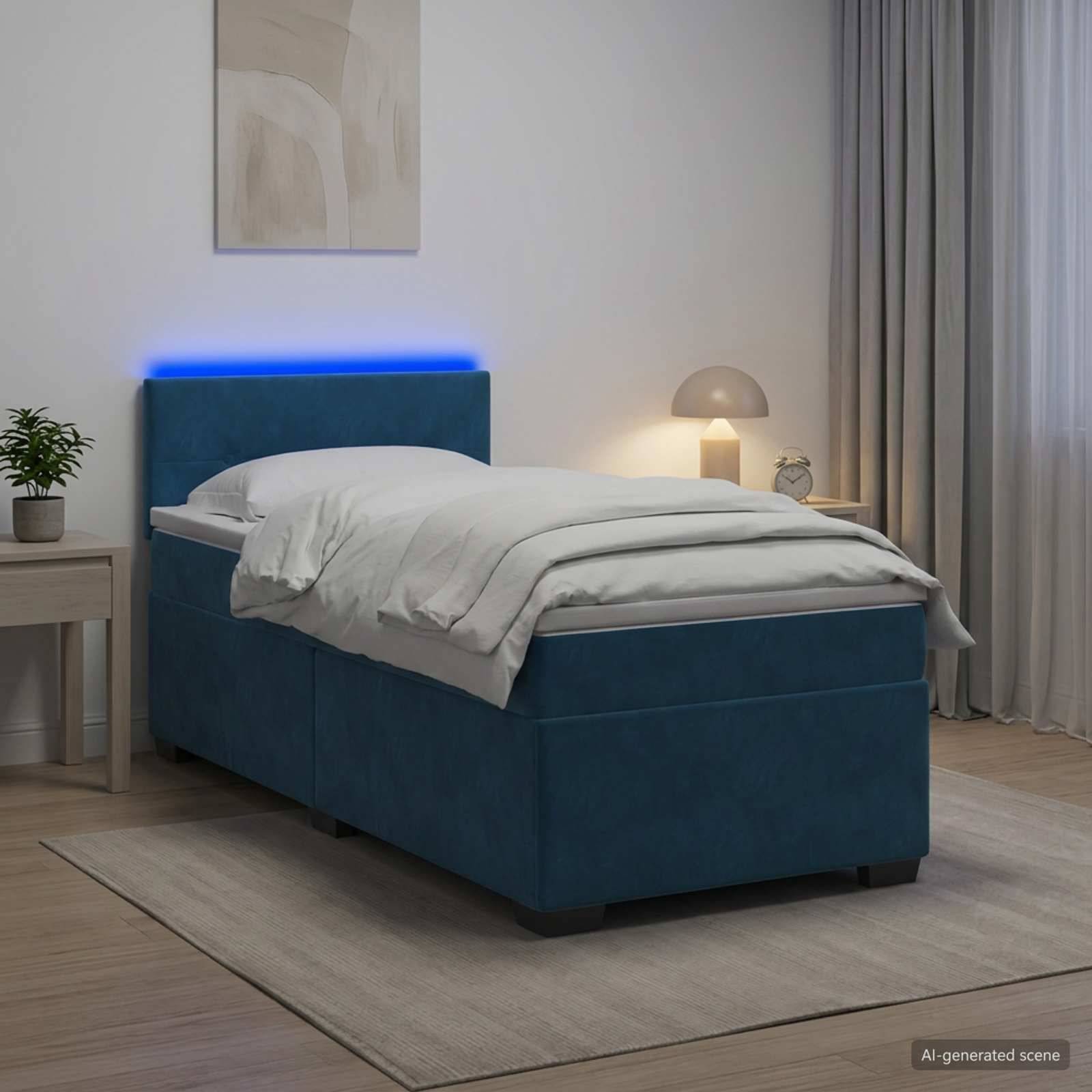 Modernes Einzelbett mit Teakpolsterung, weißer Bettwäsche und blauem LED-Kopfteil in einem minimalistischen Schlafzimmer.