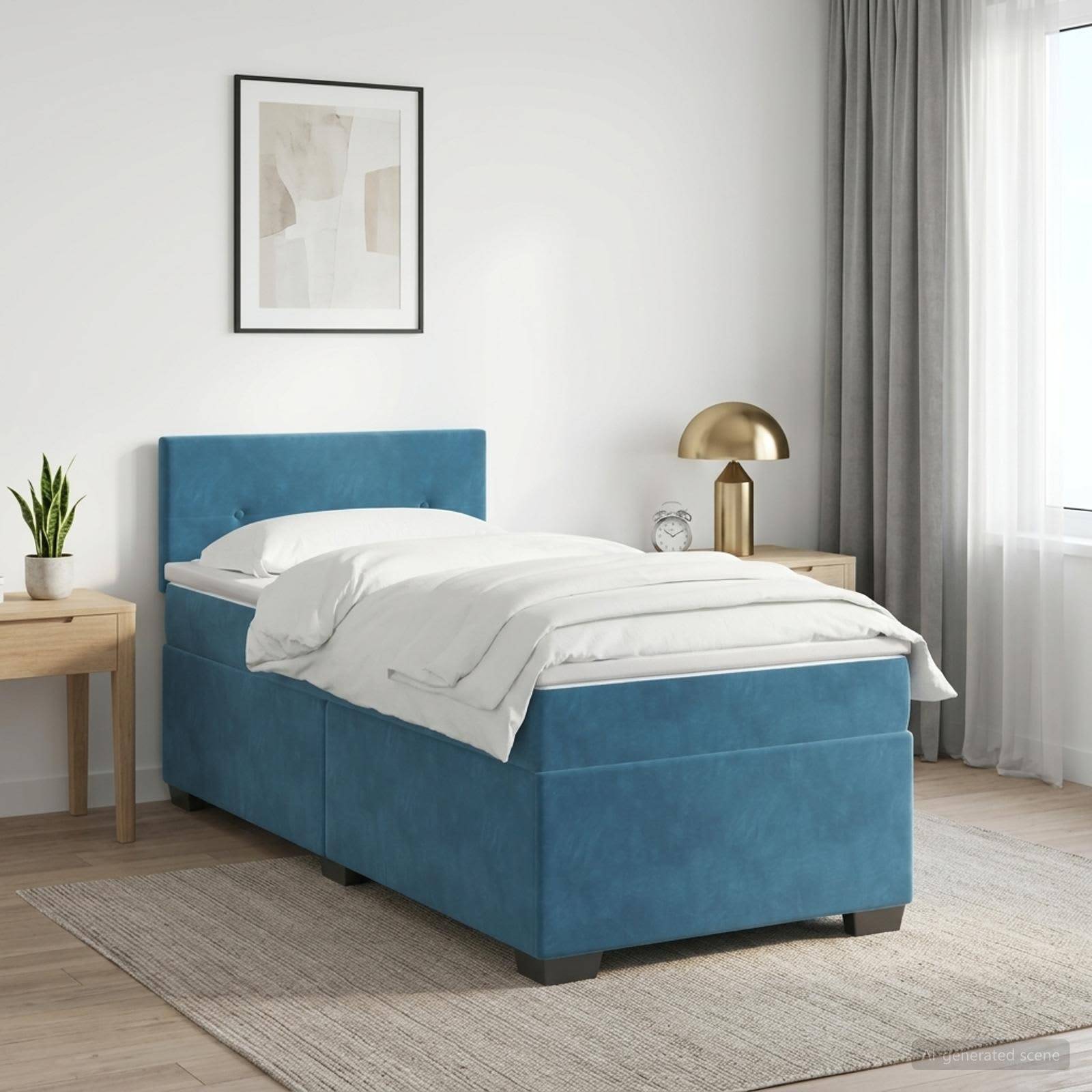 Modernes Schlafzimmer mit einem blaugepolsterten Einzelbett, weißer Bettwäsche, Nachttischen, Lampe, Pflanze, gerahmter Wandkunst und weichen grauen Vorhängen.