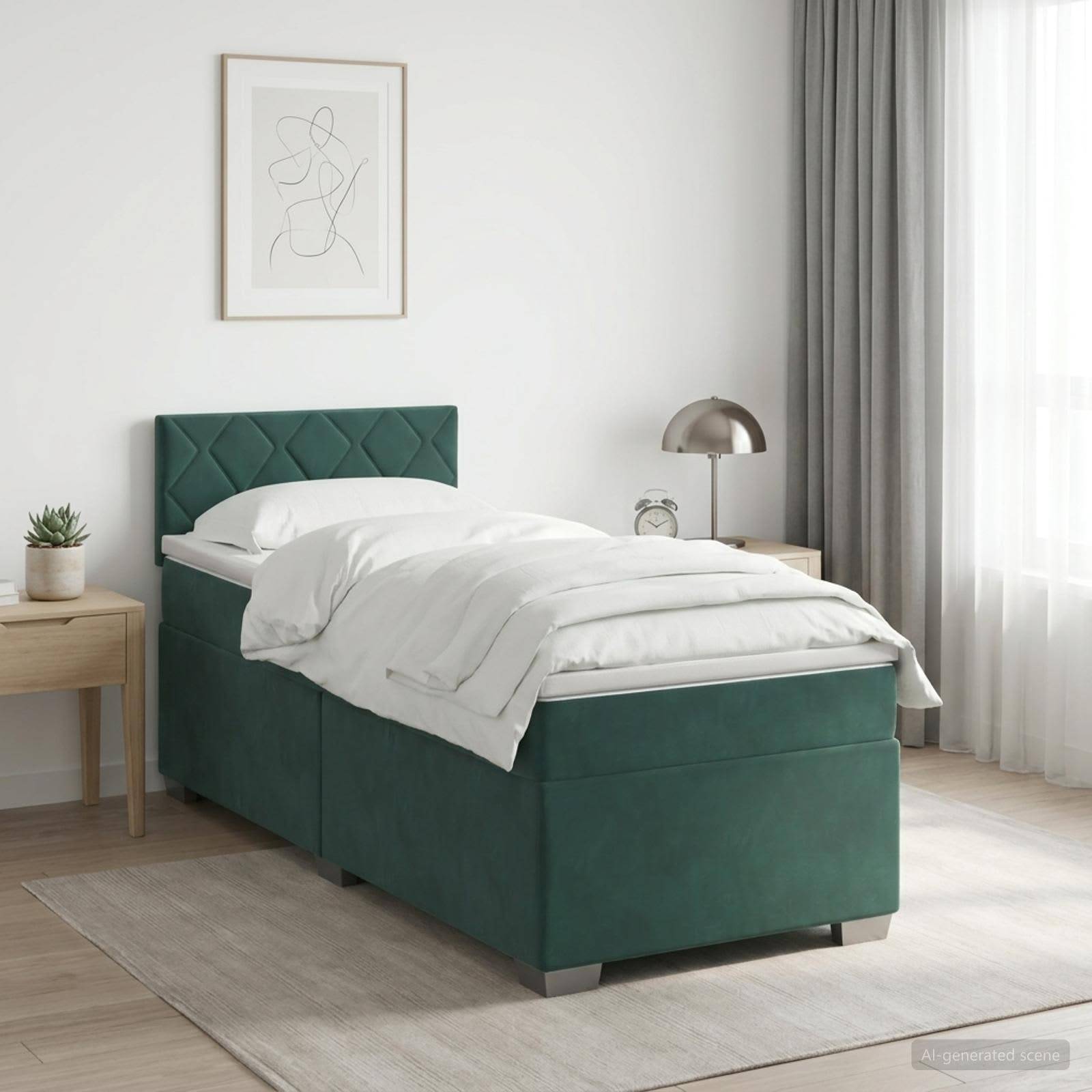 Ein sauber gemachtes Einzelbett mit gepolstertem grünem Kopfteil und Sockel in einem hellen, minimalistischen Schlafzimmer, neben einem Nachttisch, einer Lampe, einer Pflanze und transparenten Vorhängen.
