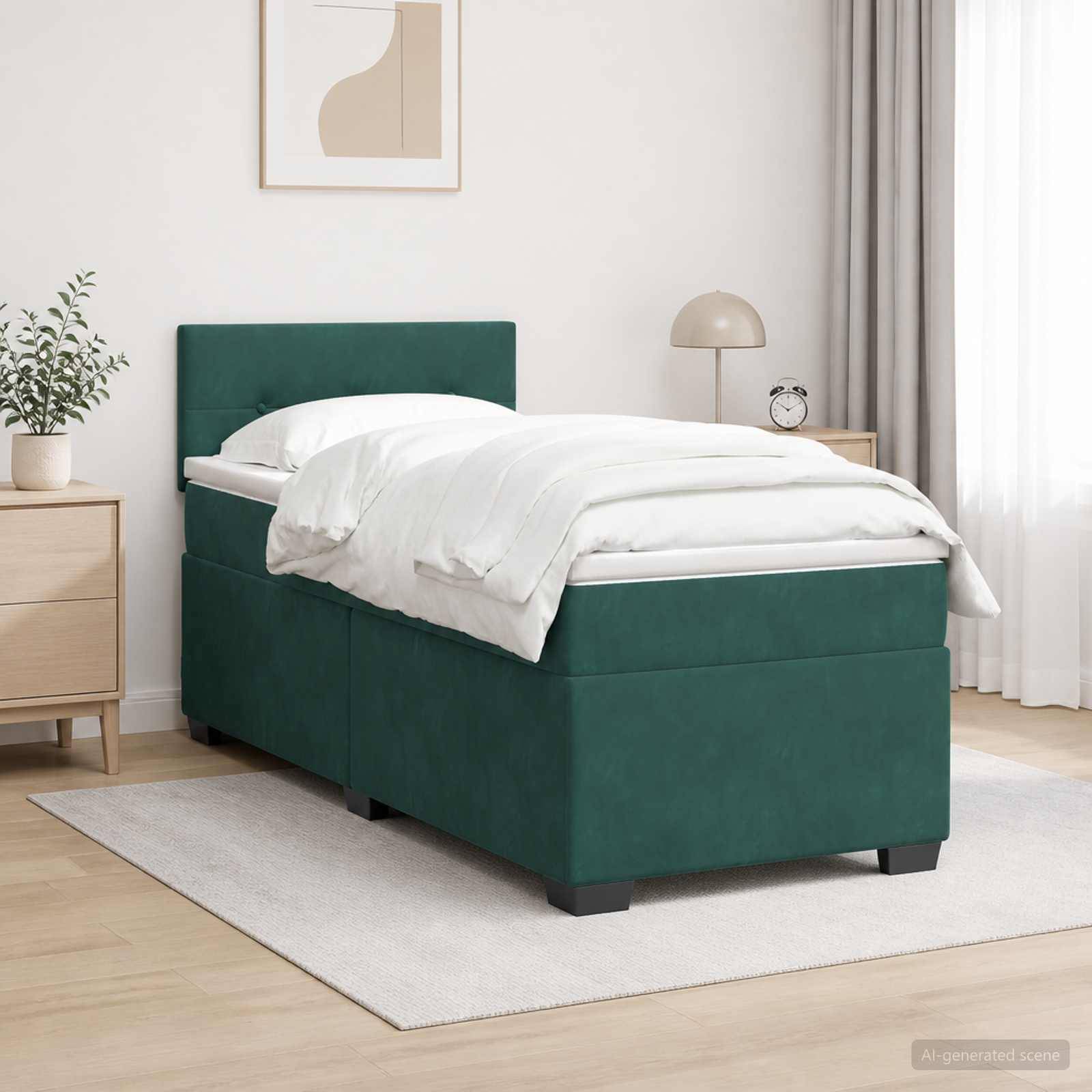 Grünes gepolstertes Einzelbett mit weißer Bettwäsche in einem hellen minimalistischen Schlafzimmer neben einem Nachttisch und einer Lampe.