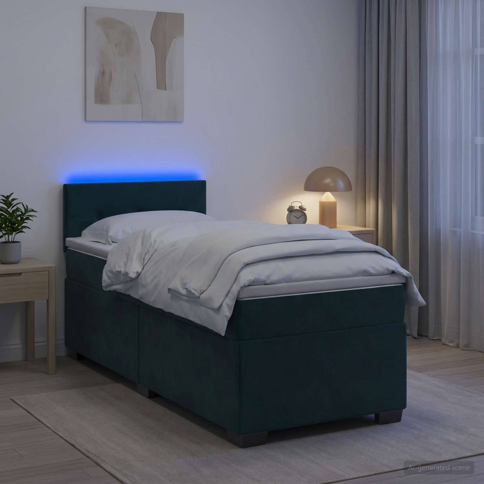 Modernes Schlafzimmer mit dunkel gepolstertem Bett, weißer Bettwäsche, blauer Kopfleuchte, Nachttischlampe, Pflanze und Wandkunst