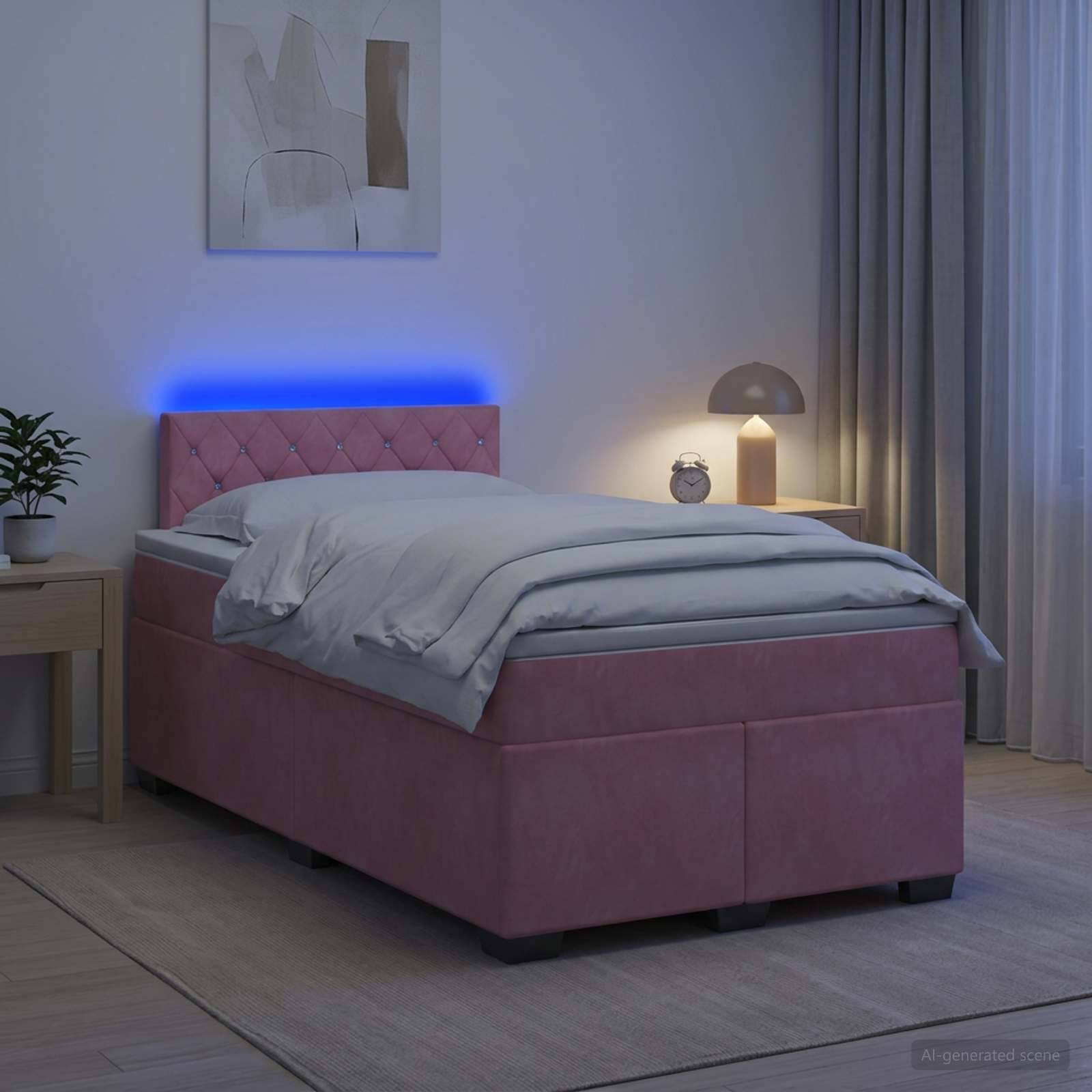 Rosafarbenes gepolstertes Einzelbett in einem minimalistischen Schlafzimmer, beleuchtet mit blauer Kopfleuchte neben einem Nachttisch, einer Lampe und Vorhängen.