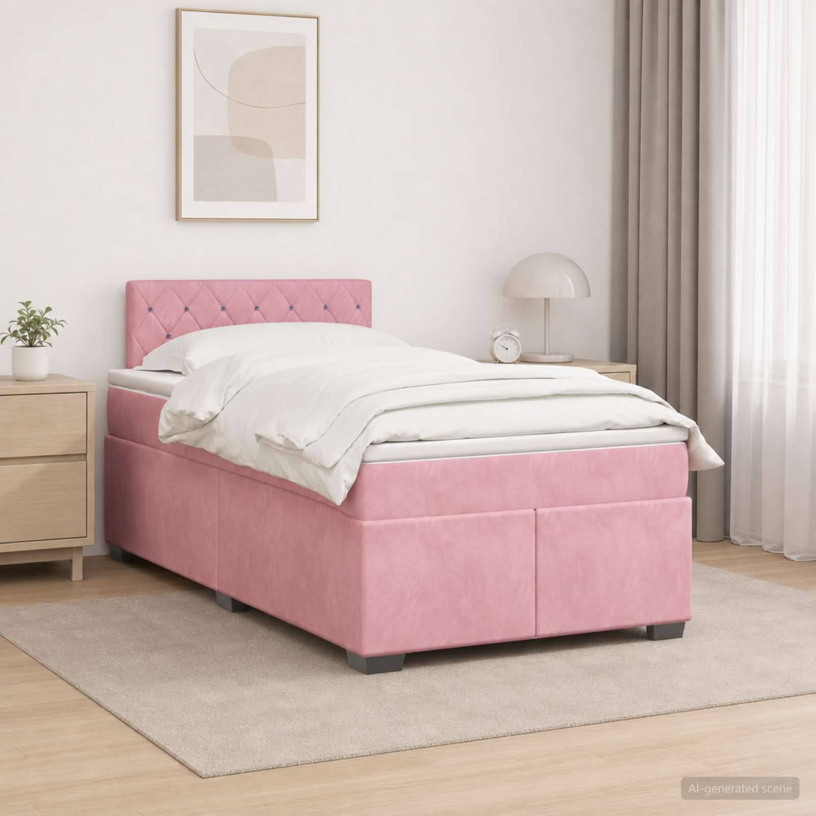 Rosafarbenes gepolstertes Einzelbett mit weißer Bettwäsche in einem minimalistischen Schlafzimmer neben einem Nachttisch, einer Lampe, einer Pflanze und gerahmtem Wandbild.